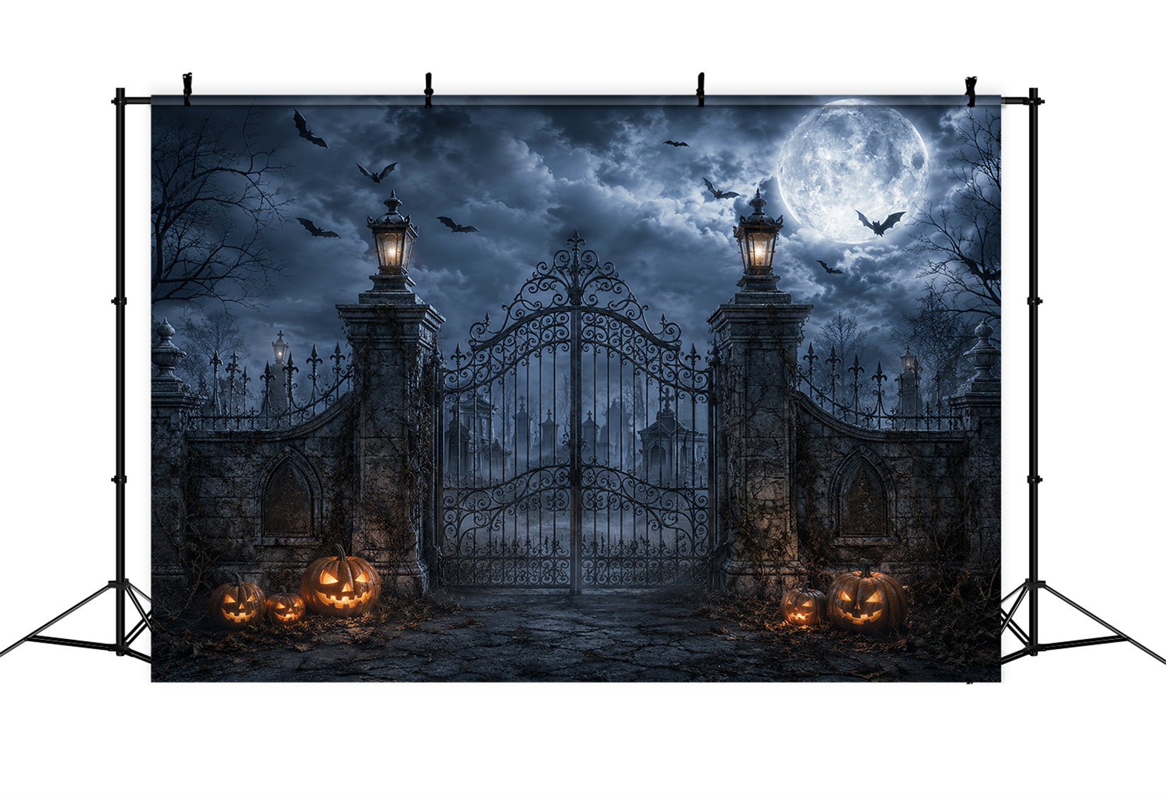 Photo Booth Halloween Backdrop Ideas Moonlit Pumpkin Cemetery Gate Halloween Picture Backdrop UK ZTT67-35