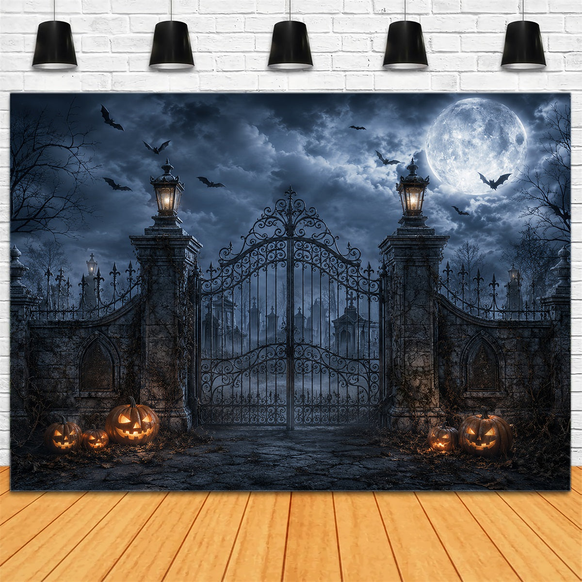 Photo Booth Halloween Backdrop Ideas Moonlit Pumpkin Cemetery Gate Halloween Picture Backdrop UK ZTT67-35