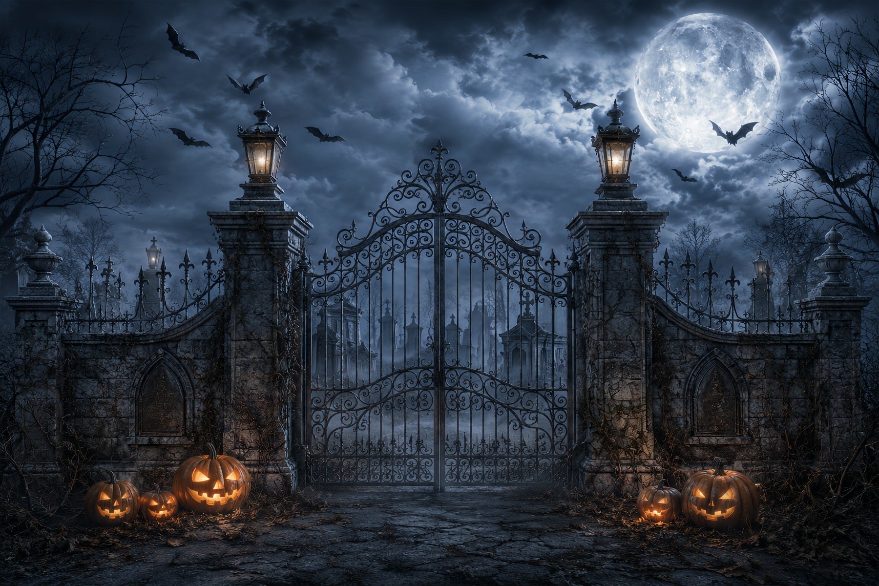 Photo Booth Halloween Backdrop Ideas Moonlit Pumpkin Cemetery Gate Halloween Picture Backdrop UK ZTT67-35