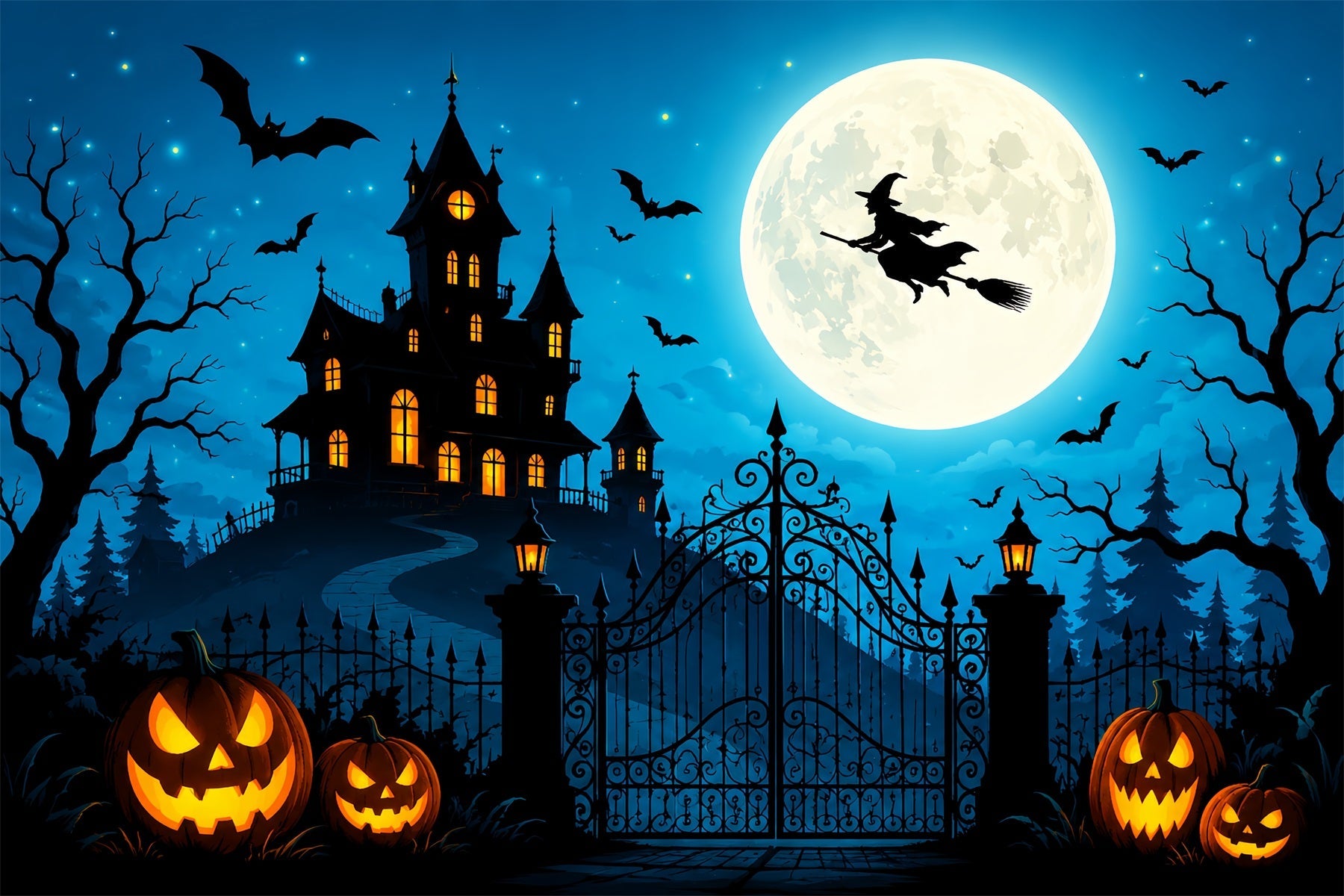 Halloween Castle Backdrop Flying Witch Pumpkin Gateway Large Halloween Backdrop UK ZTT67-36