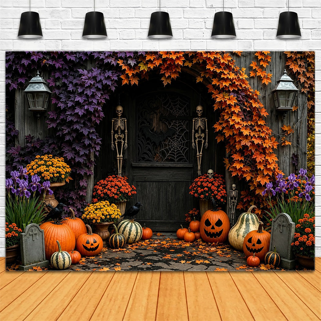 Fall Halloween Backdrop Skeleton Pumpkin Floral Doorway Scary Halloween Backdrops UK ZTT67-37