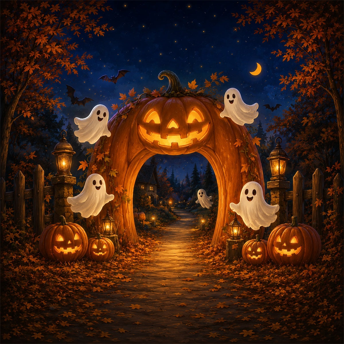 Halloween Ghost Backdrop Fall Pumpkin Lantern Archway Scary Halloween Backdrop UK ZTT67-38
