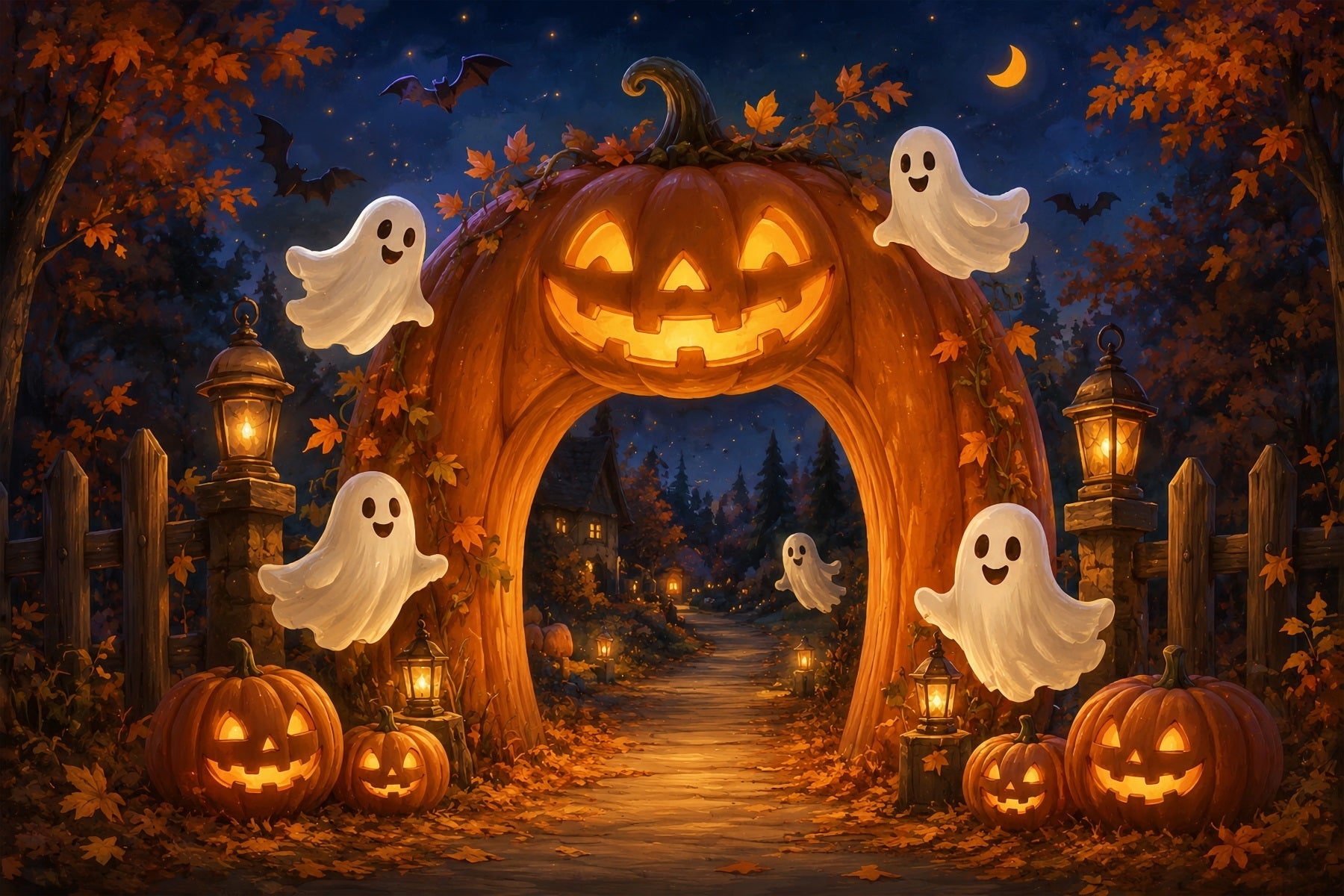 Halloween Ghost Backdrop Fall Pumpkin Lantern Archway Scary Halloween Backdrop UK ZTT67-38