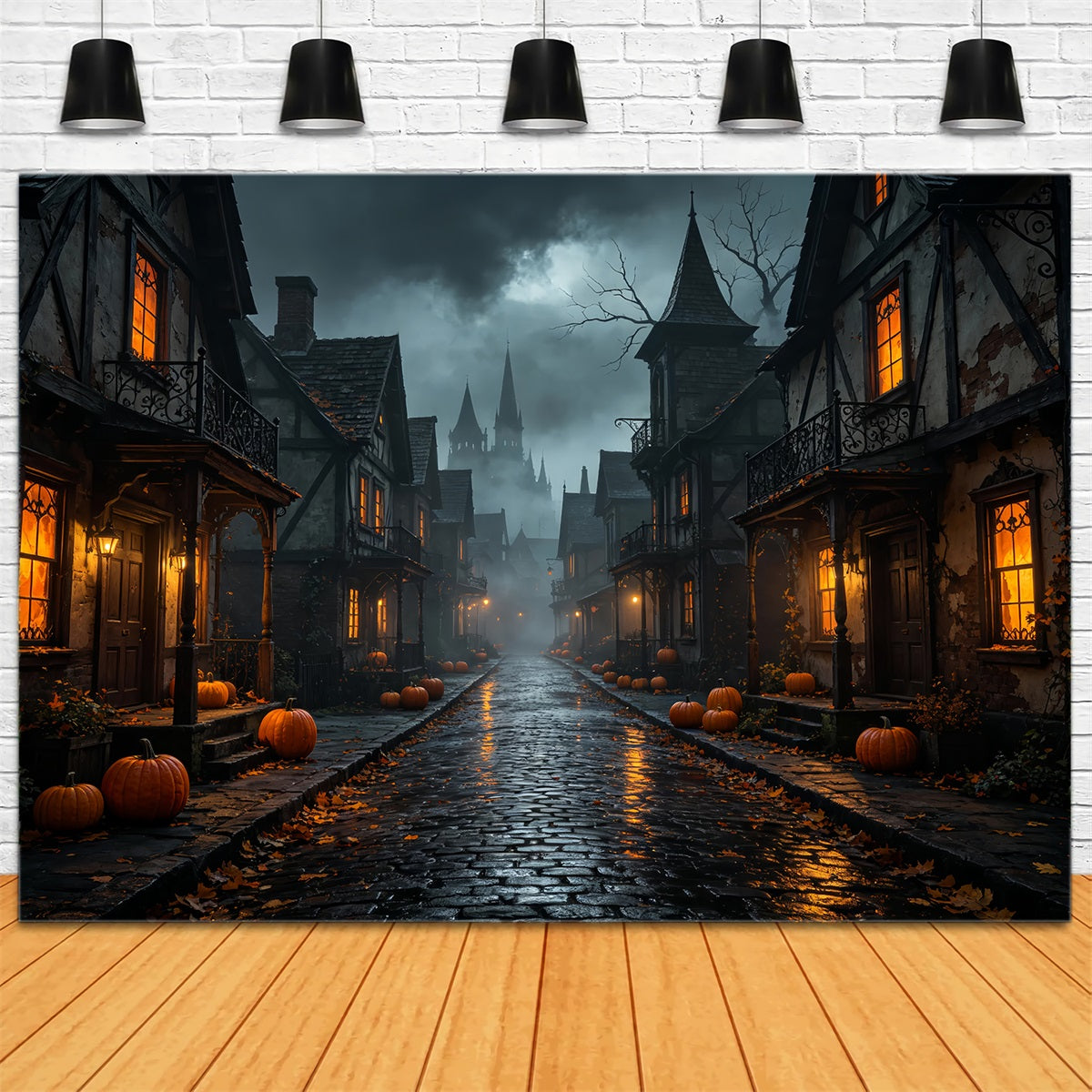 Halloween Cardboard Backdrops Foggy Pumpkin Village Street Halloween Photography Backdrop UK ZTT67-39