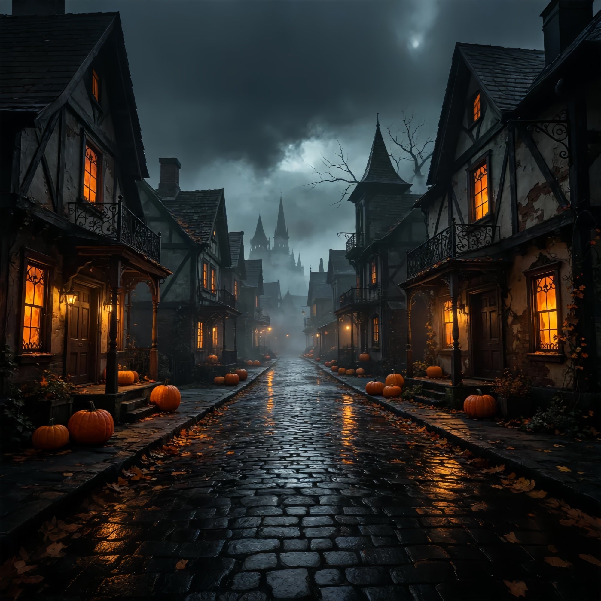 Halloween Cardboard Backdrops Foggy Pumpkin Village Street Halloween Photography Backdrop UK ZTT67-39