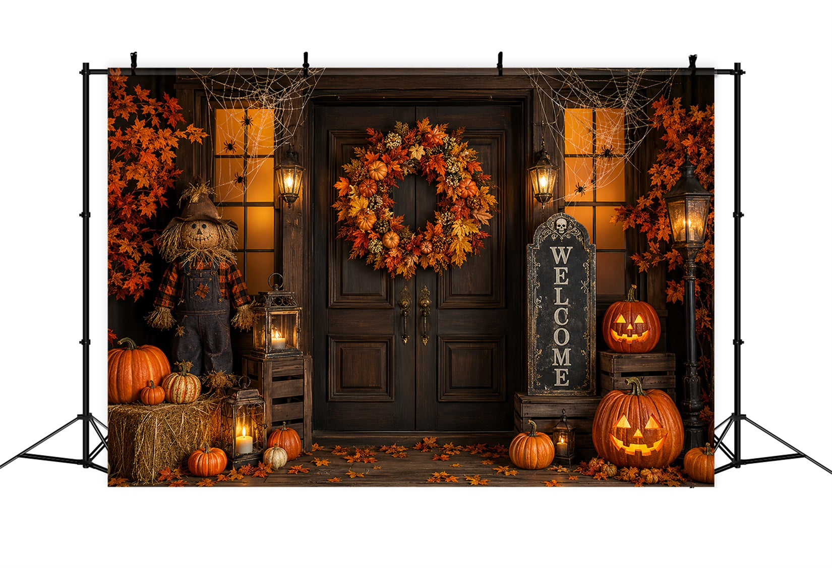 Halloween Backdrop Photo Booth Pumpkin Wreath Scarecrow Porch Backdrops Halloween UK ZTT67-4