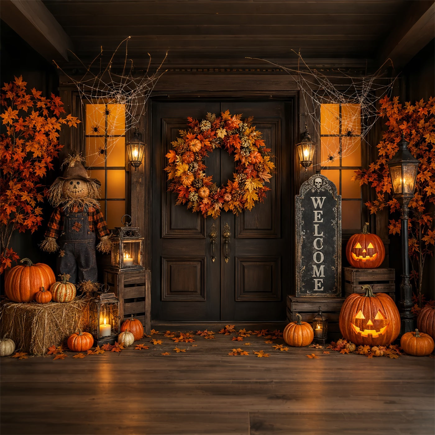 Halloween Backdrop Photo Booth Pumpkin Wreath Scarecrow Porch Backdrops Halloween UK ZTT67-4