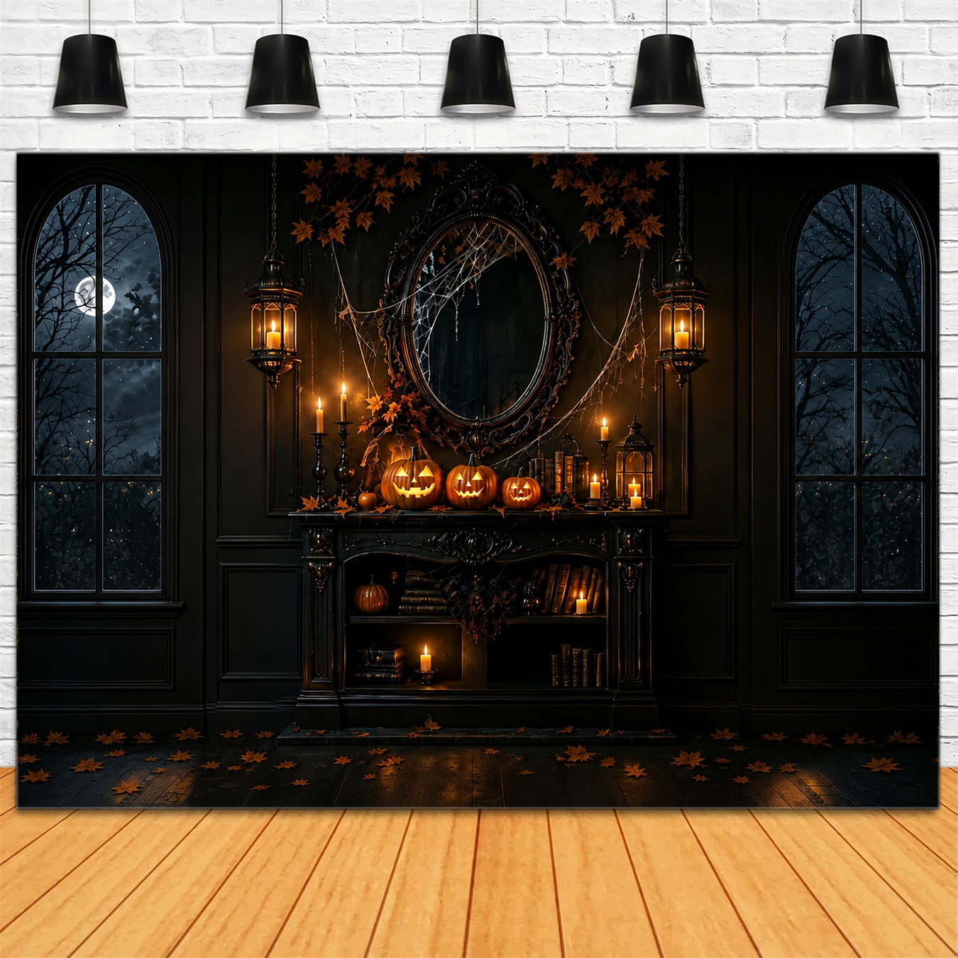Backdrop Halloween Photo Booth Gothic Pumpkin Candle Mantel Halloween Party Photo Backdrop UK ZTT67-40