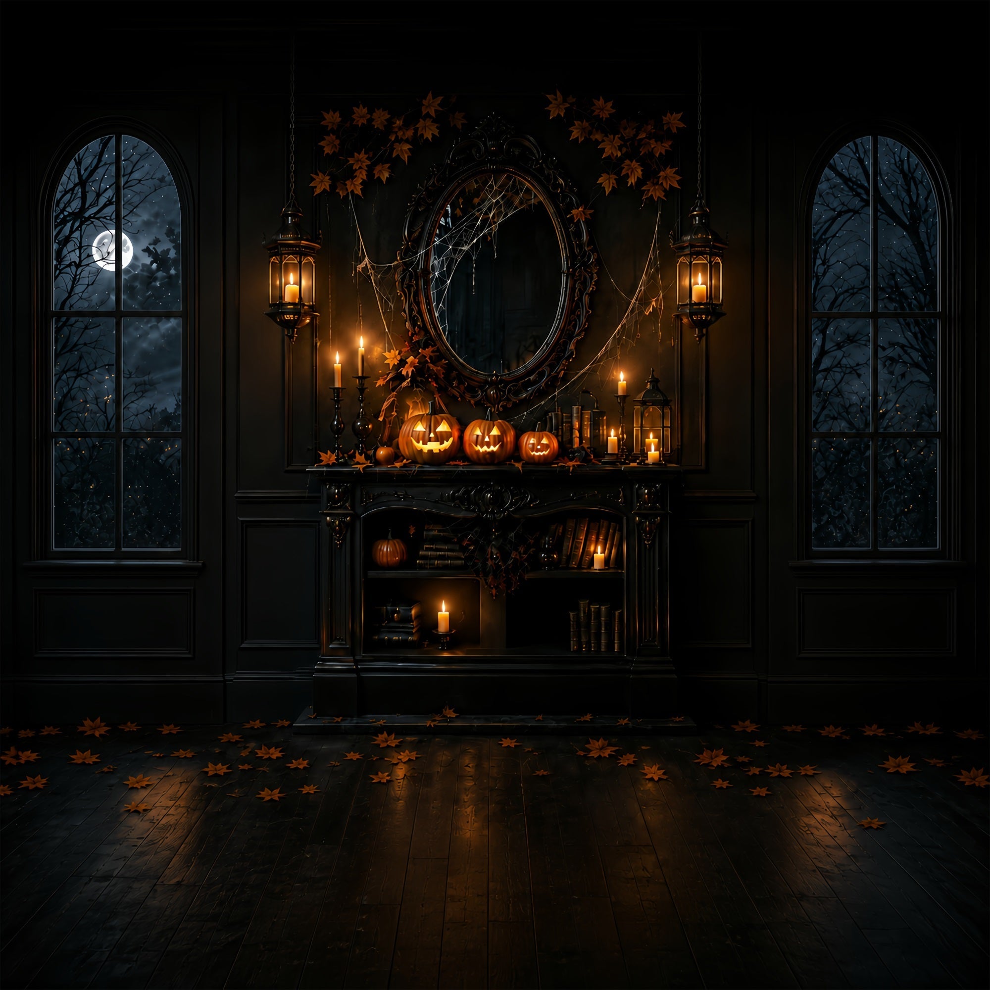 Backdrop Halloween Photo Booth Gothic Pumpkin Candle Mantel Halloween Party Photo Backdrop UK ZTT67-40