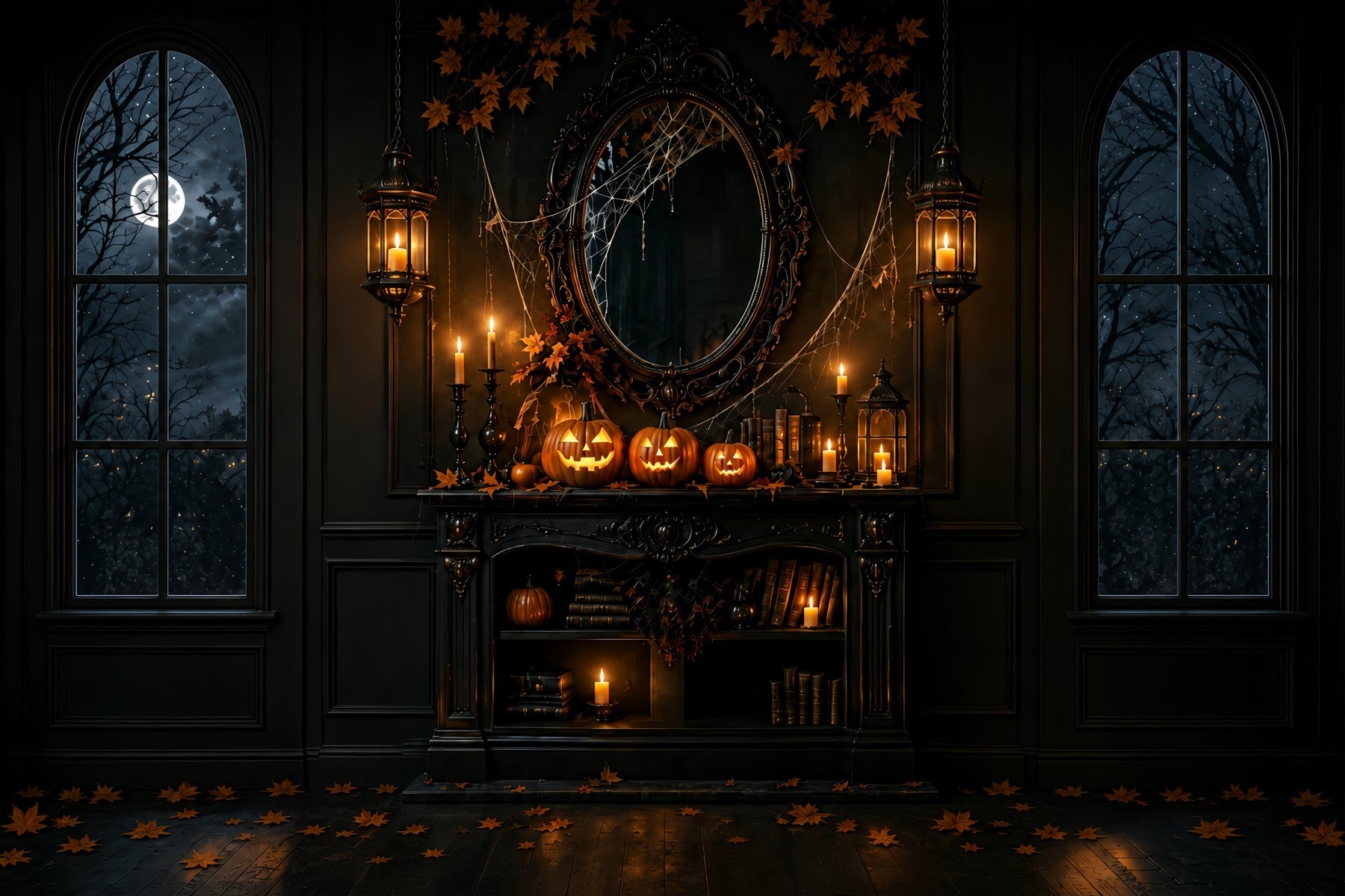 Backdrop Halloween Photo Booth Gothic Pumpkin Candle Mantel Halloween Party Photo Backdrop UK ZTT67-40