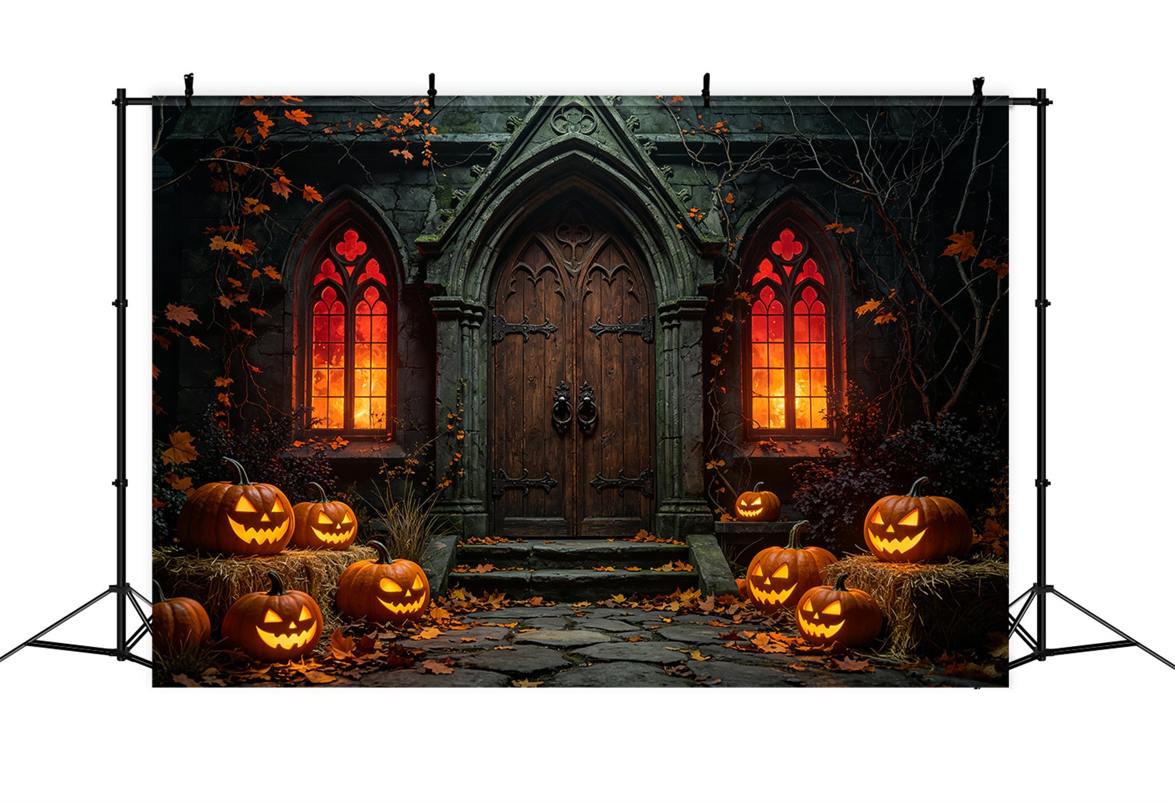 Halloween Backdrop Outdoor Gothic Pumpkin Chapel Entrance Photo Backdrop Halloween UK ZTT67-41