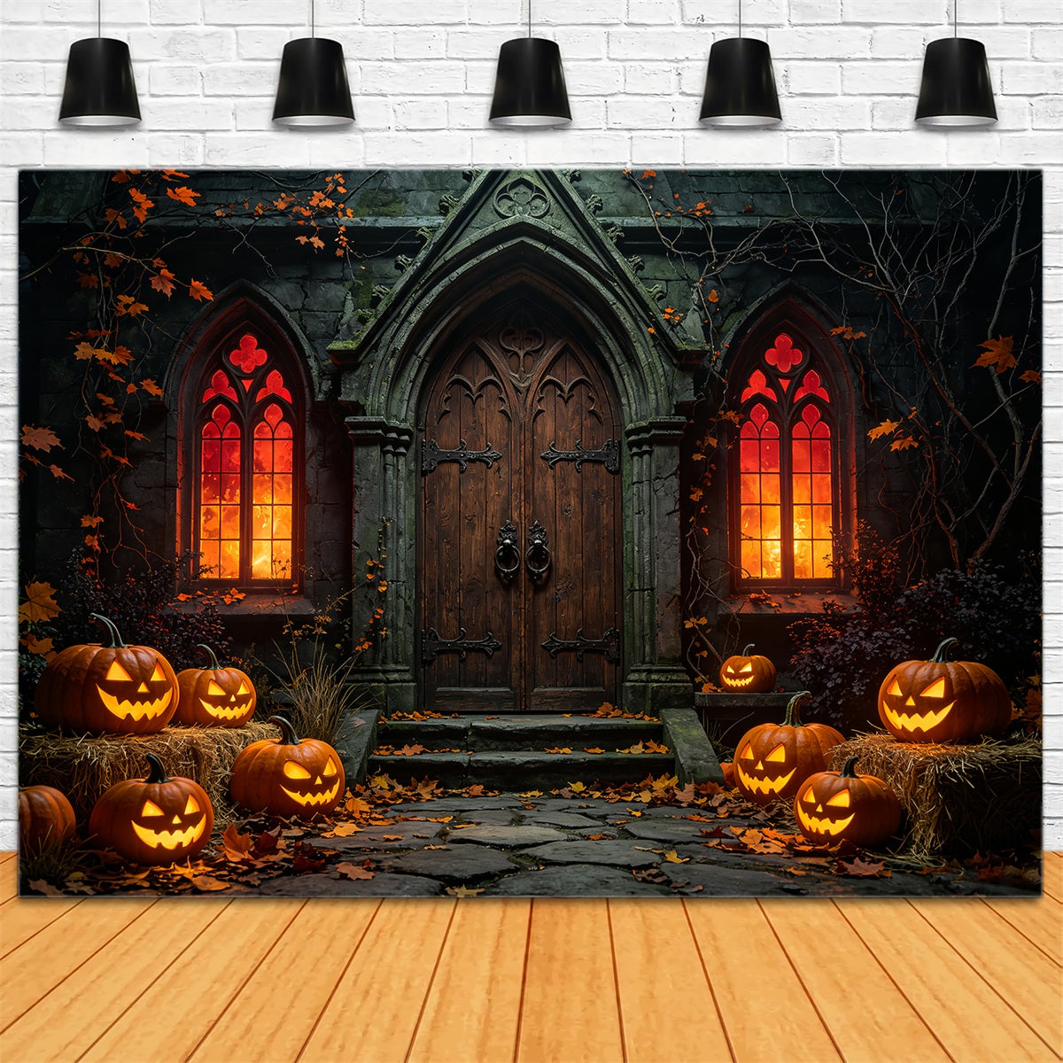 Halloween Backdrop Outdoor Gothic Pumpkin Chapel Entrance Photo Backdrop Halloween UK ZTT67-41