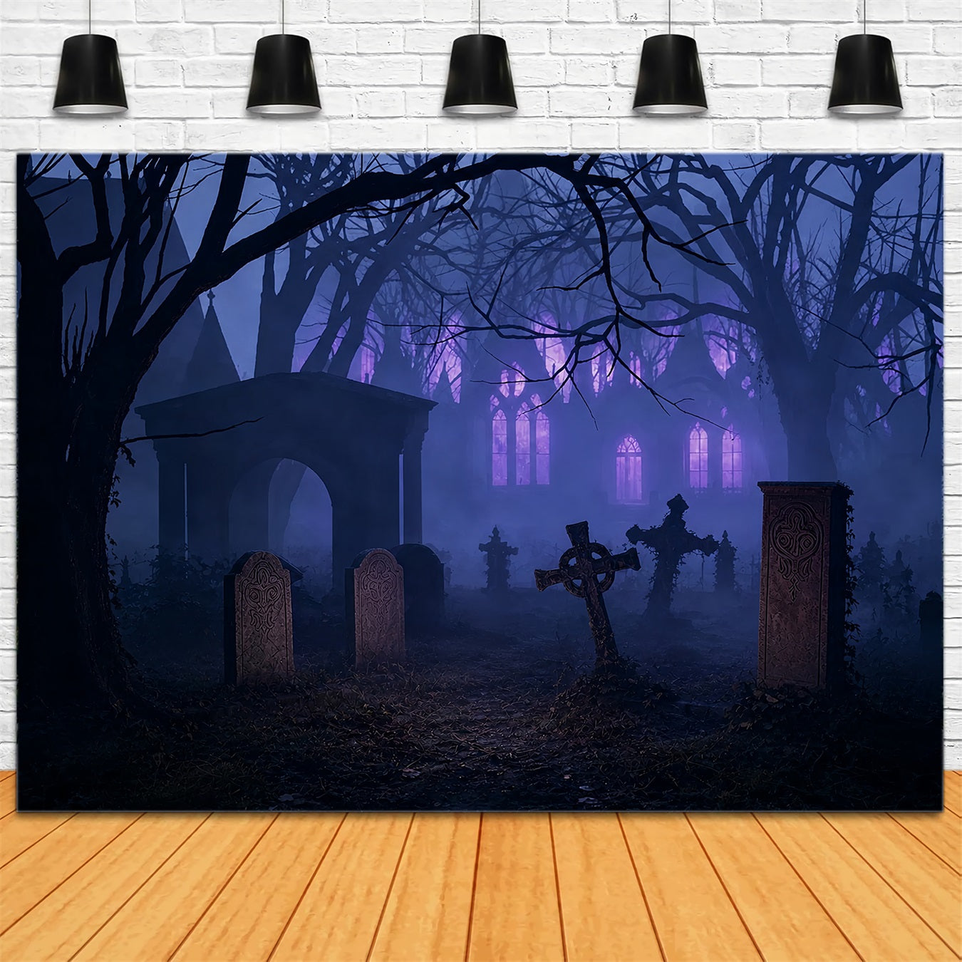 Halloween Graveyard Backdrops Foggy Purple Graveyard Ruins Photo Booth Halloween Backdrop UK ZTT67-42