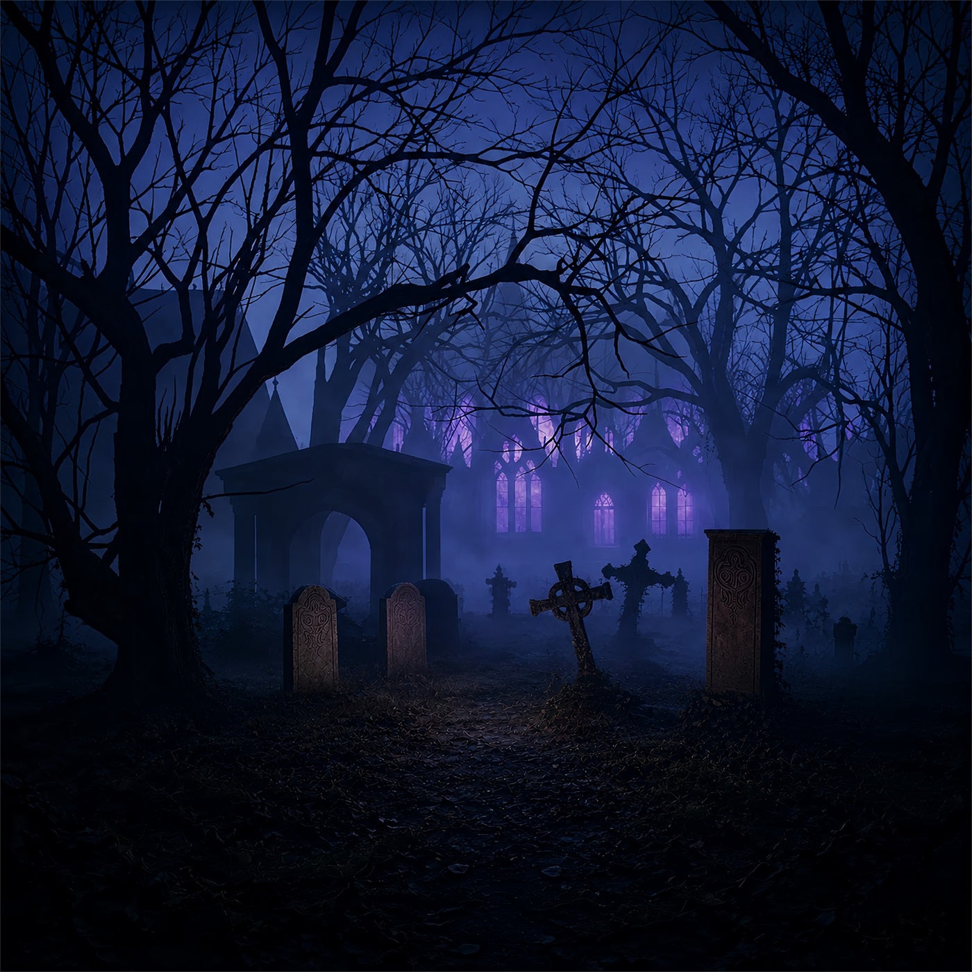 Halloween Graveyard Backdrops Foggy Purple Graveyard Ruins Photo Booth Halloween Backdrop UK ZTT67-42