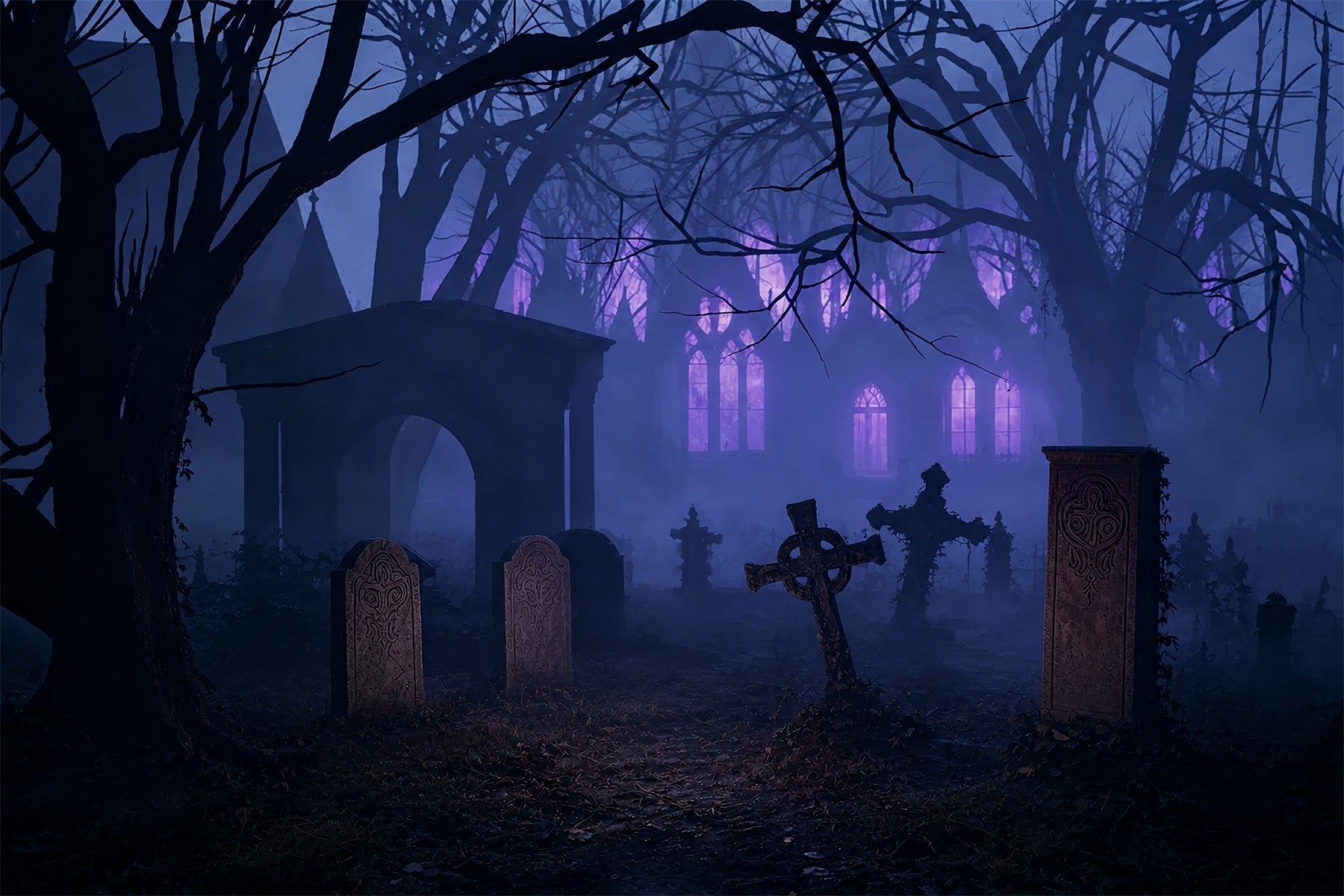 Halloween Graveyard Backdrops Foggy Purple Graveyard Ruins Photo Booth Halloween Backdrop UK ZTT67-42
