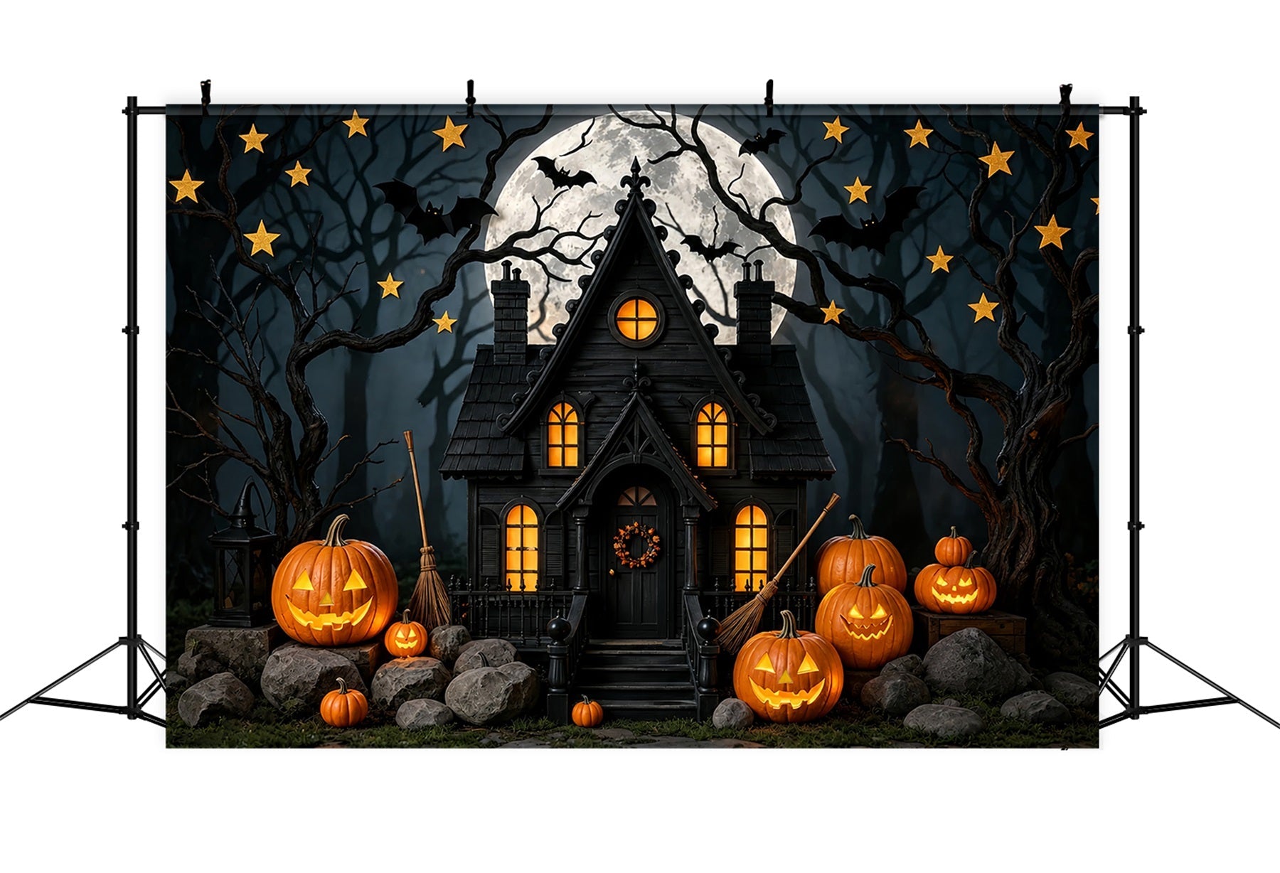 Halloween Backdrop For Photo Booth Moonlit Pumpkin Haunted Cottage Cute Halloween Backdrop UK ZTT67-43