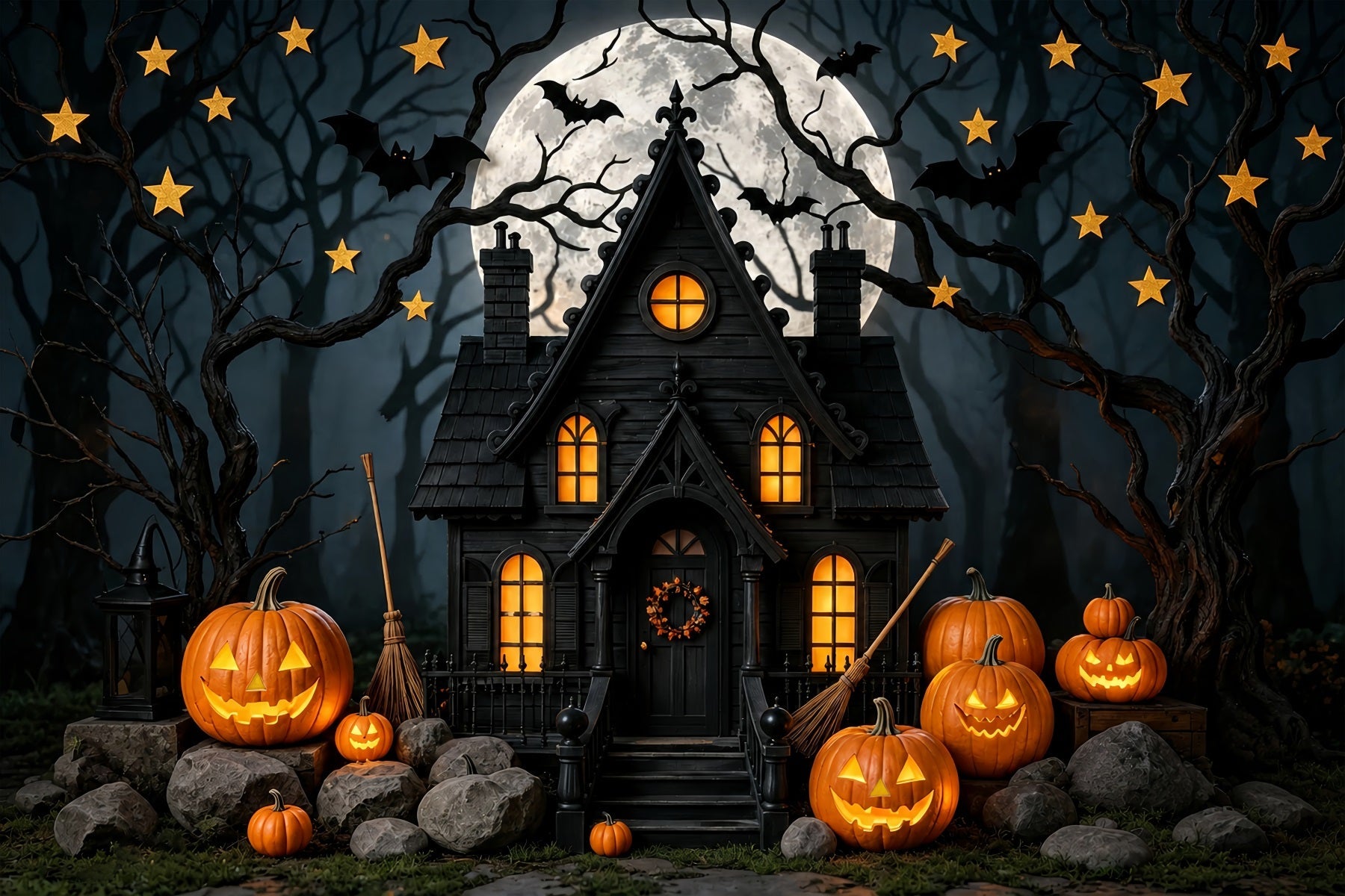 Halloween Backdrop For Photo Booth Moonlit Pumpkin Haunted Cottage Cute Halloween Backdrop UK ZTT67-43