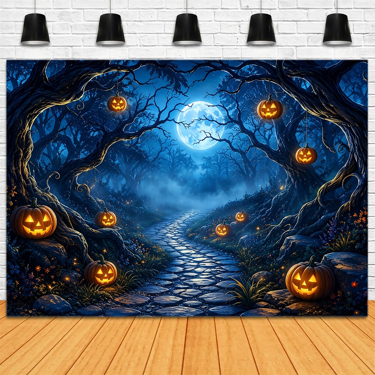Halloween Spooky Backdrop Moonlit Pumpkin Forest Path Spooky Halloween Backdrops UK ZTT67-44