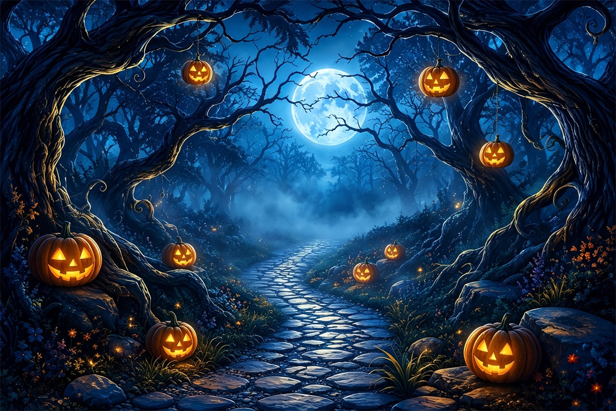 Halloween Spooky Backdrop Moonlit Pumpkin Forest Path Spooky Halloween Backdrops UK ZTT67-44