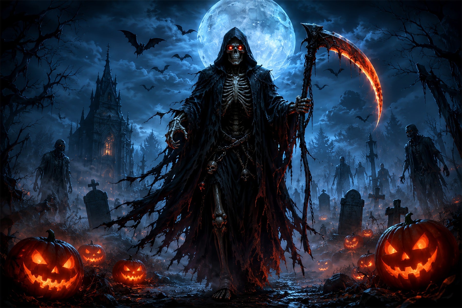 Halloween Garage Backdrop Moonlit Reaper Pumpkin Graveyard Backdrops For Halloween UK ZTT67-45