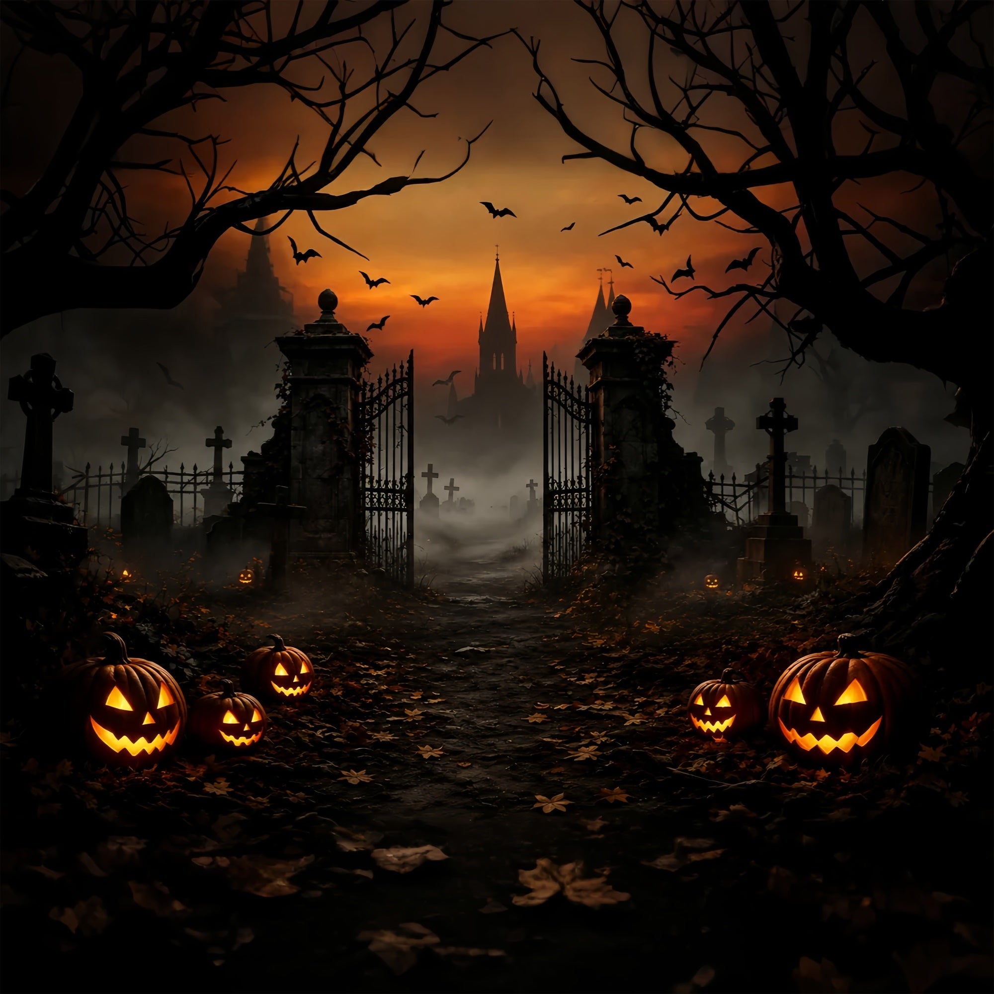Halloween House Backdrop Foggy Pumpkin Cemetery Gateway Halloween Cemetery Backdrop UK ZTT67-47