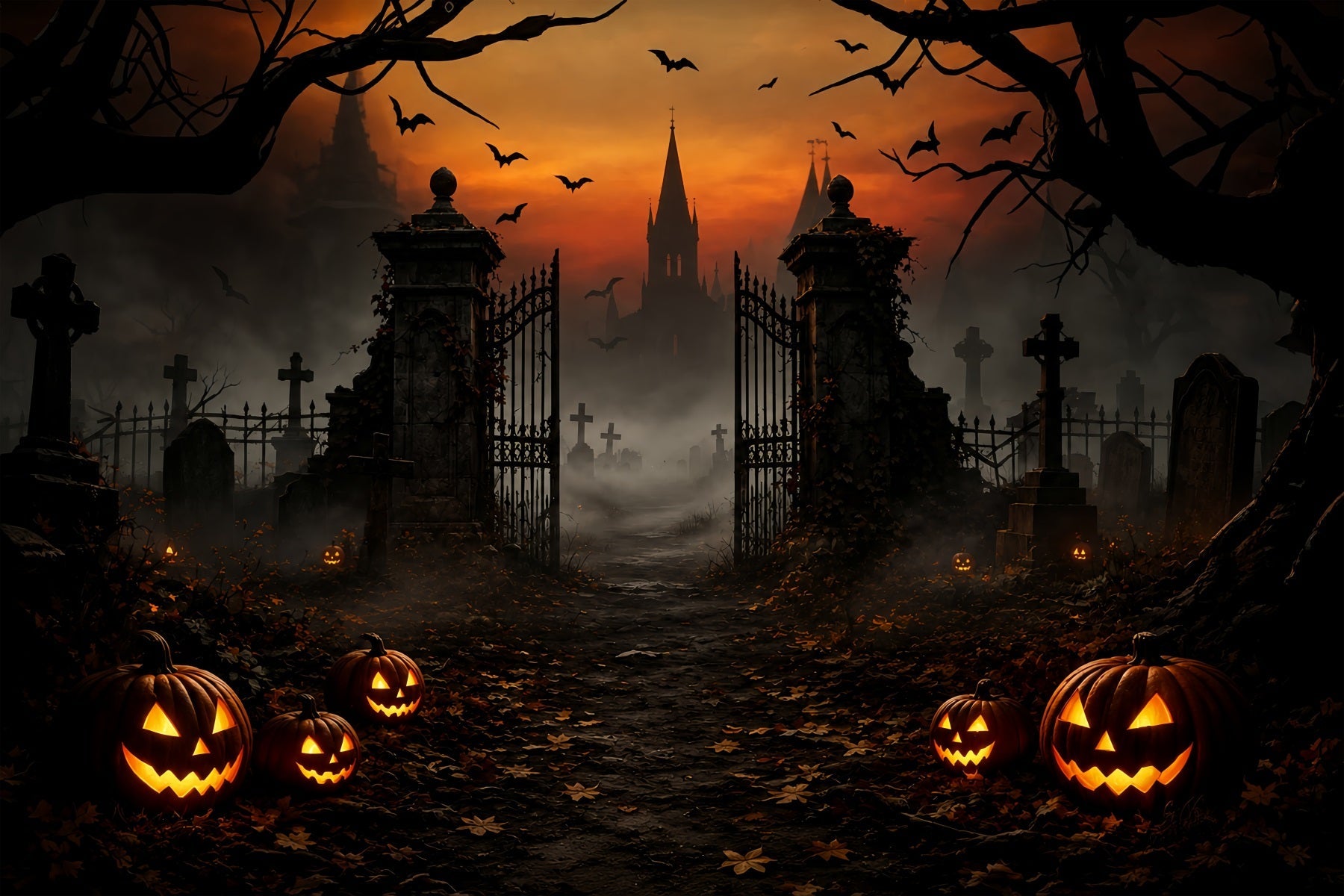 Halloween House Backdrop Foggy Pumpkin Cemetery Gateway Halloween Cemetery Backdrop UK ZTT67-47