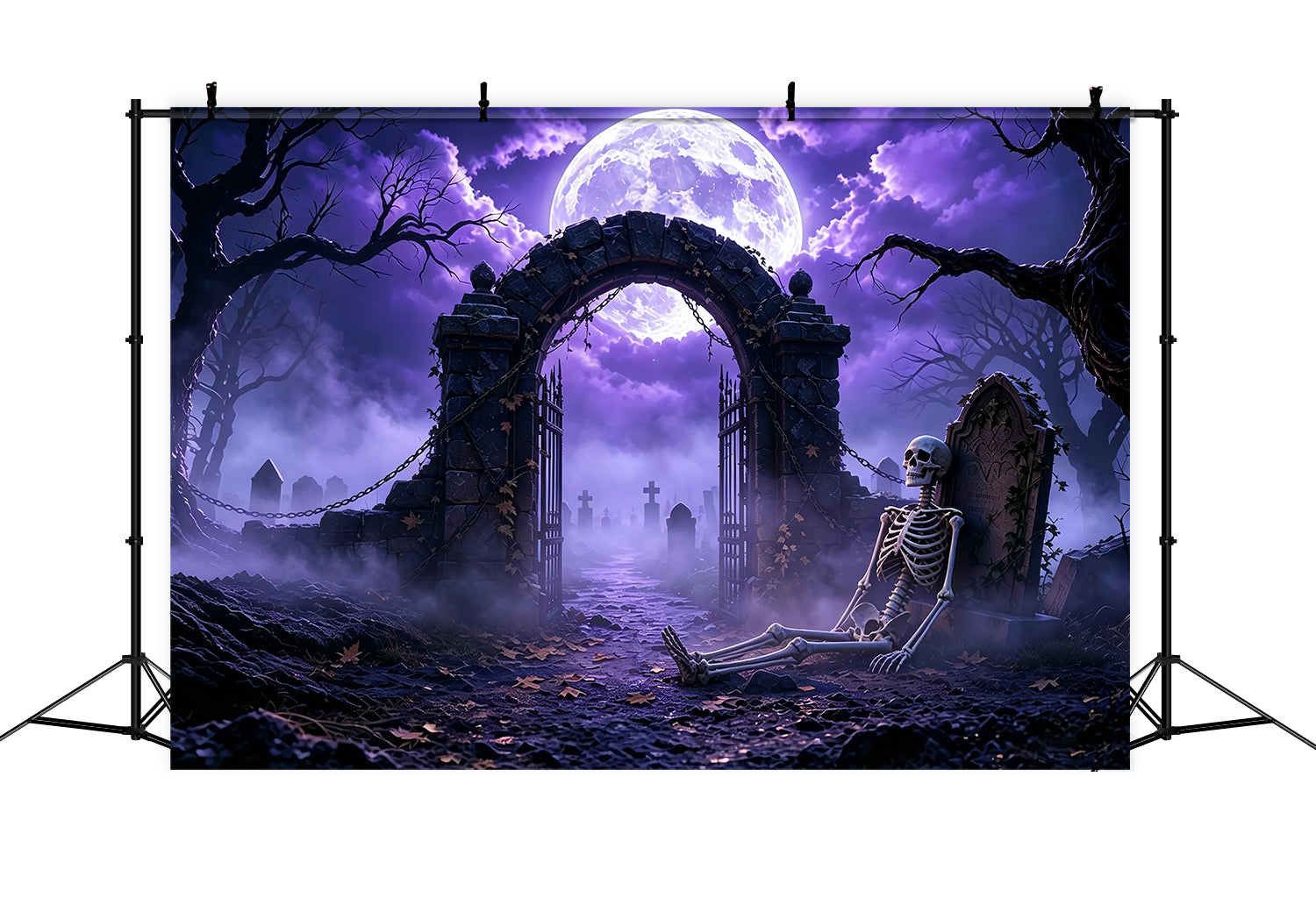 Scary Halloween Backdrop Ideas Purple Moon Skeleton Graveyard Halloween Photoshoot Backdrop UK ZTT67-48