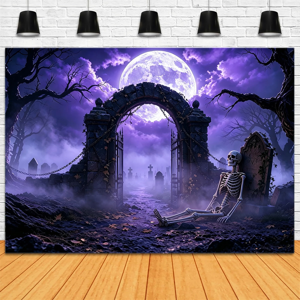 Scary Halloween Backdrop Ideas Purple Moon Skeleton Graveyard Halloween Photoshoot Backdrop UK ZTT67-48