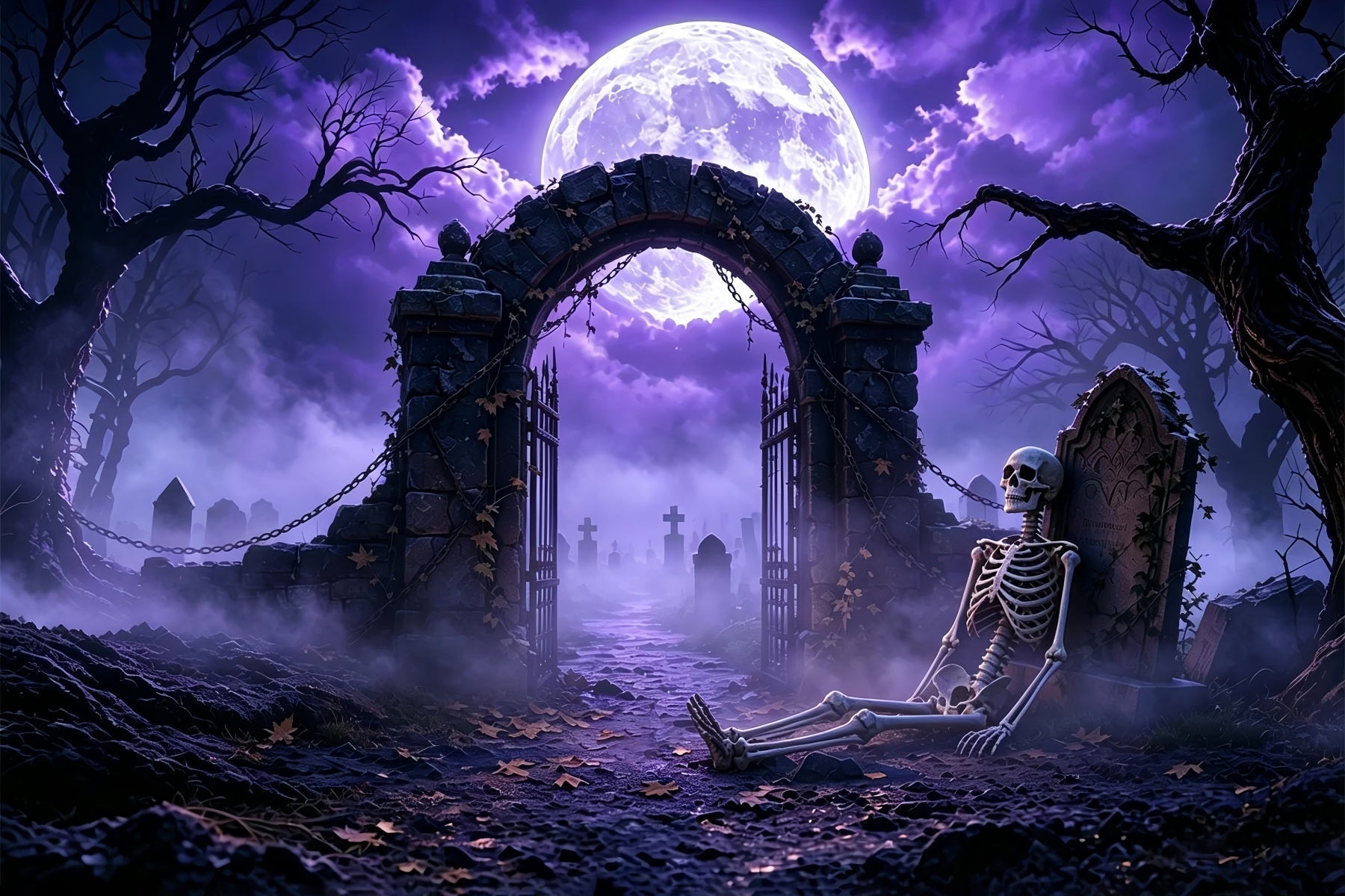 Scary Halloween Backdrop Ideas Purple Moon Skeleton Graveyard Halloween Photoshoot Backdrop UK ZTT67-48