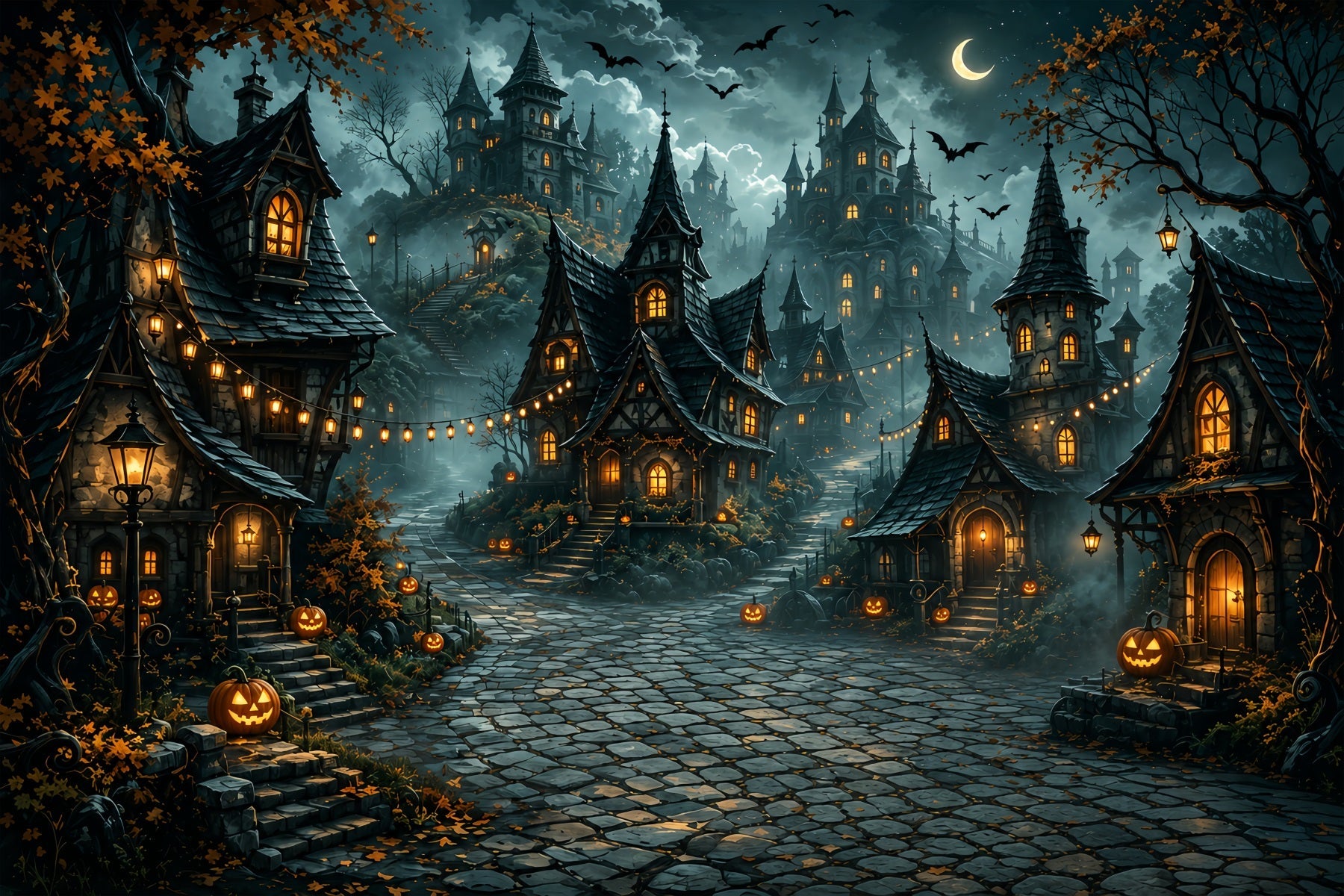 Fabric Halloween Backdrop Crescent Moon Pumpkin Village Halloween Backdrop For Pictures UK ZTT67-49