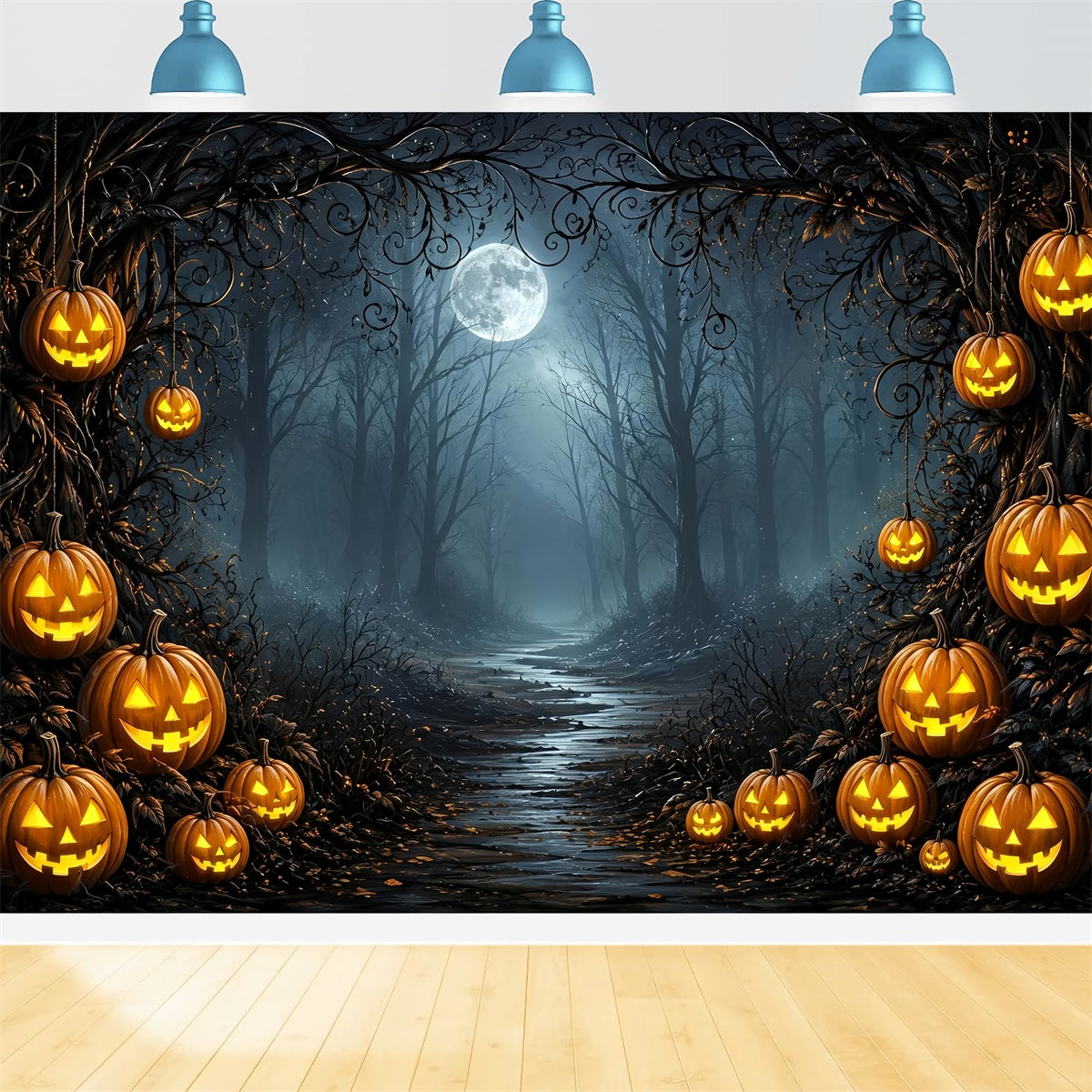 Starry Night Halloween Backdrop Moonlit Pumpkin Forest Path Halloween Party Backdrop Ideas UK ZTT67-51