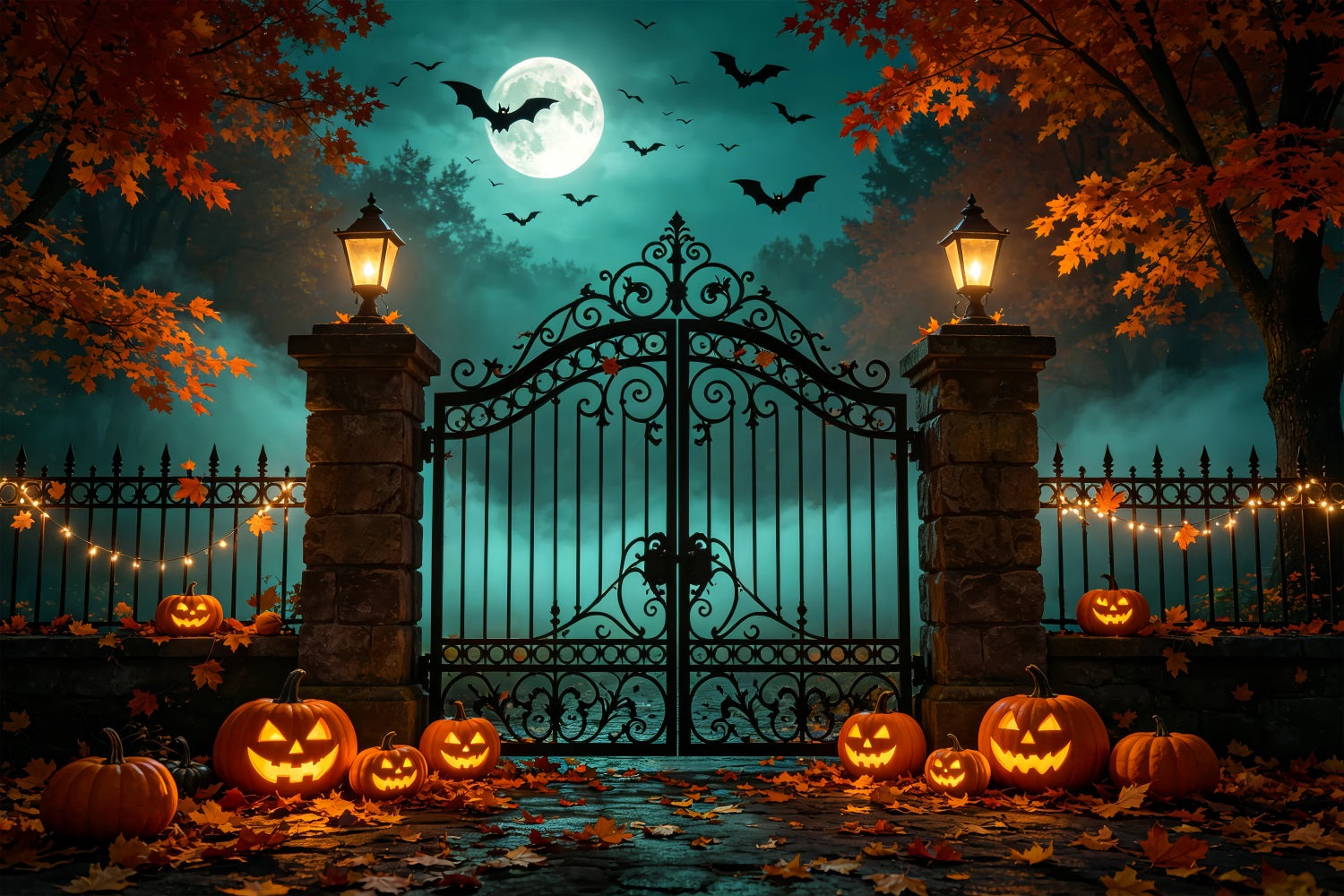 Halloween Backdrop With Pumpkins And Bats Autumn Iron Gateway Diy Halloween Photo Booth Backdrop UK ZTT67-53