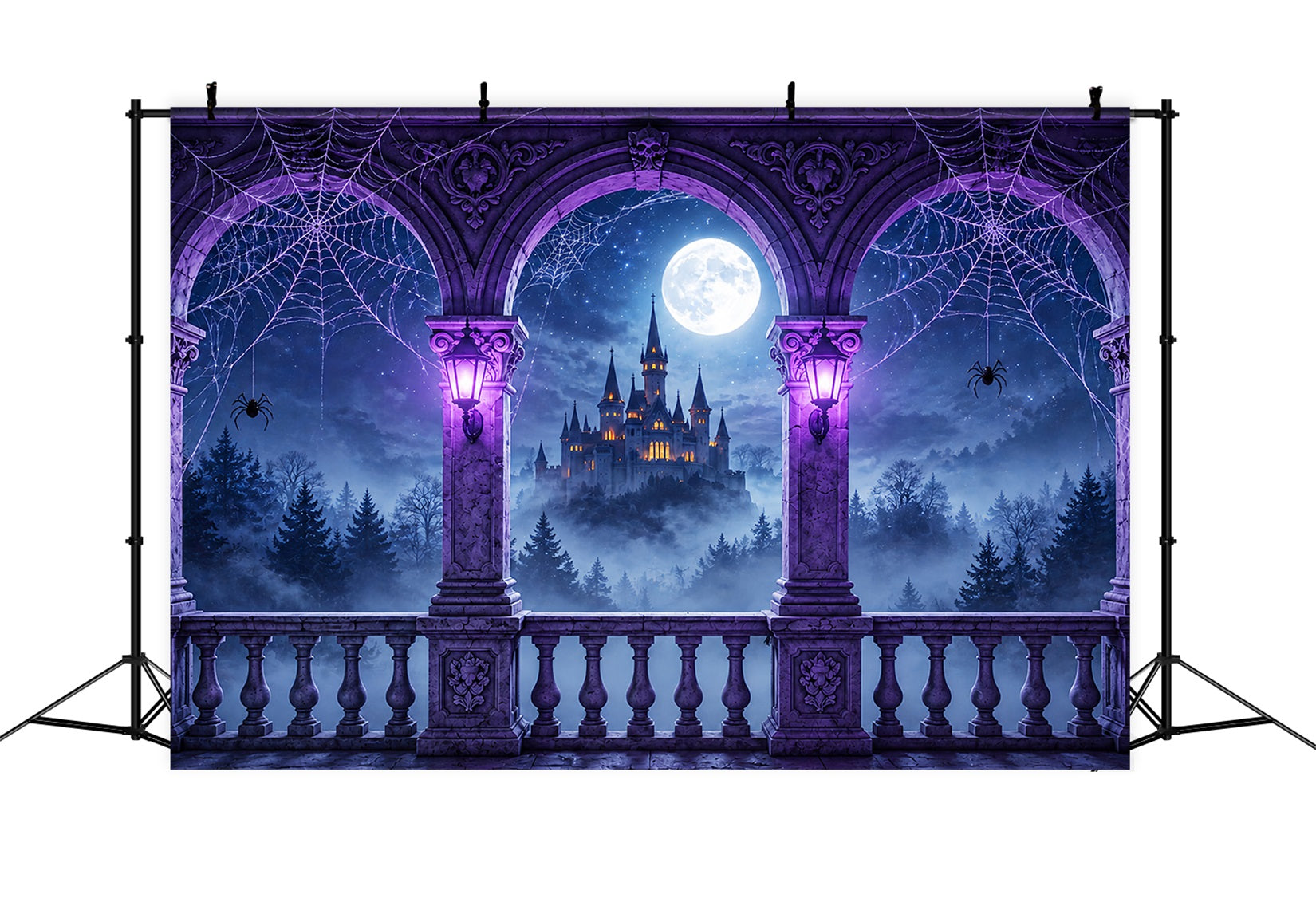 Backdrop Spider Purple Cobweb Castle Balcony Halloween Backdrop Photography UK ZTT67-54