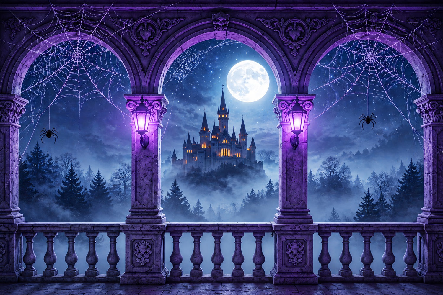 Backdrop Spider Purple Cobweb Castle Balcony Halloween Backdrop Photography UK ZTT67-54
