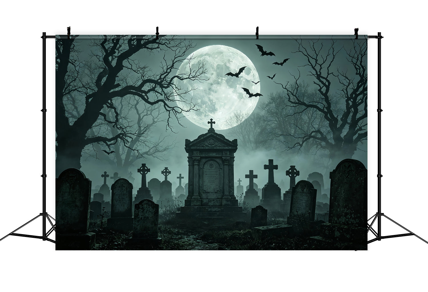 Halloween Backdrop Balloon Moonlit Foggy Graveyard Monument Halloween Cloth Backdrop UK ZTT67-56