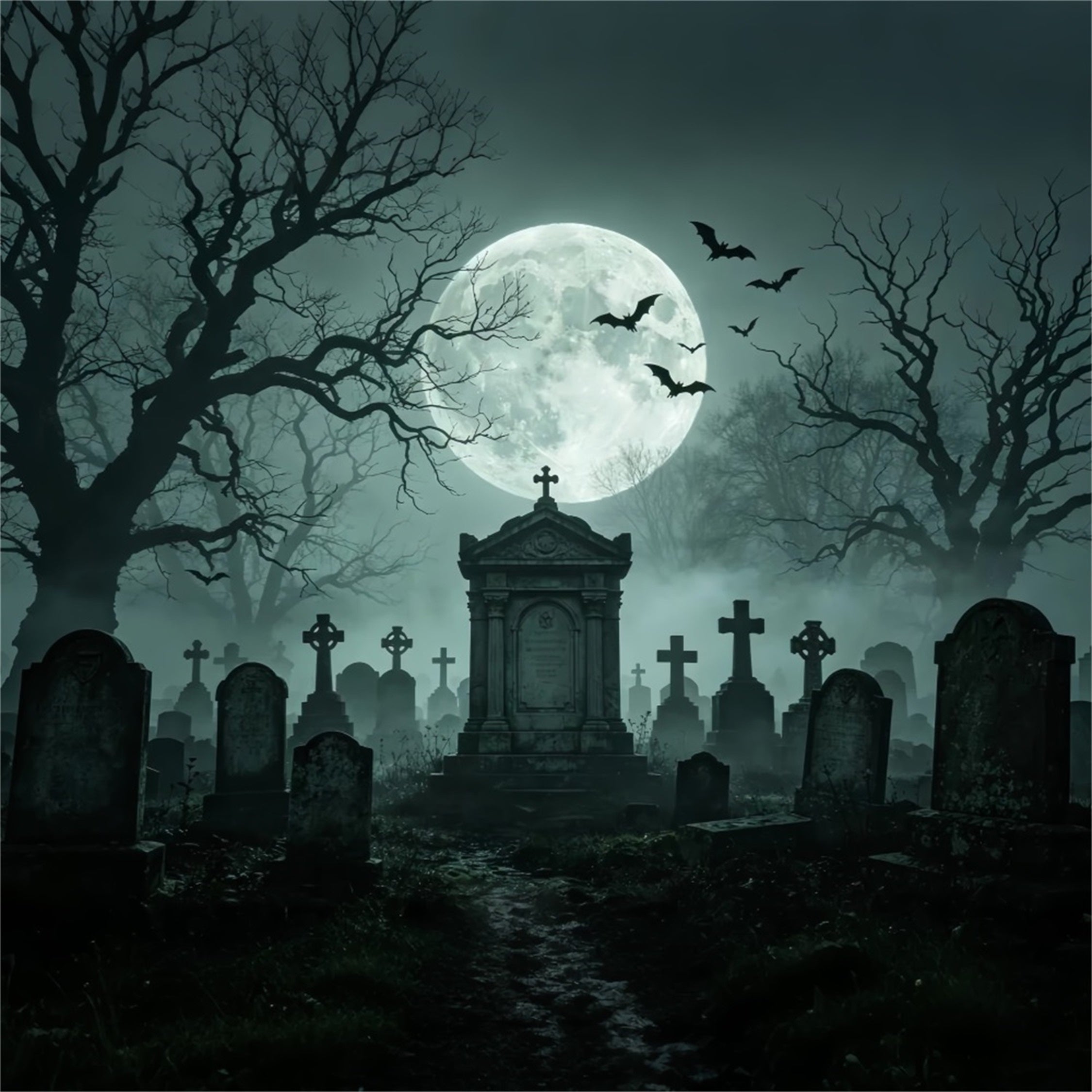 Halloween Backdrop Balloon Moonlit Foggy Graveyard Monument Halloween Cloth Backdrop UK ZTT67-56