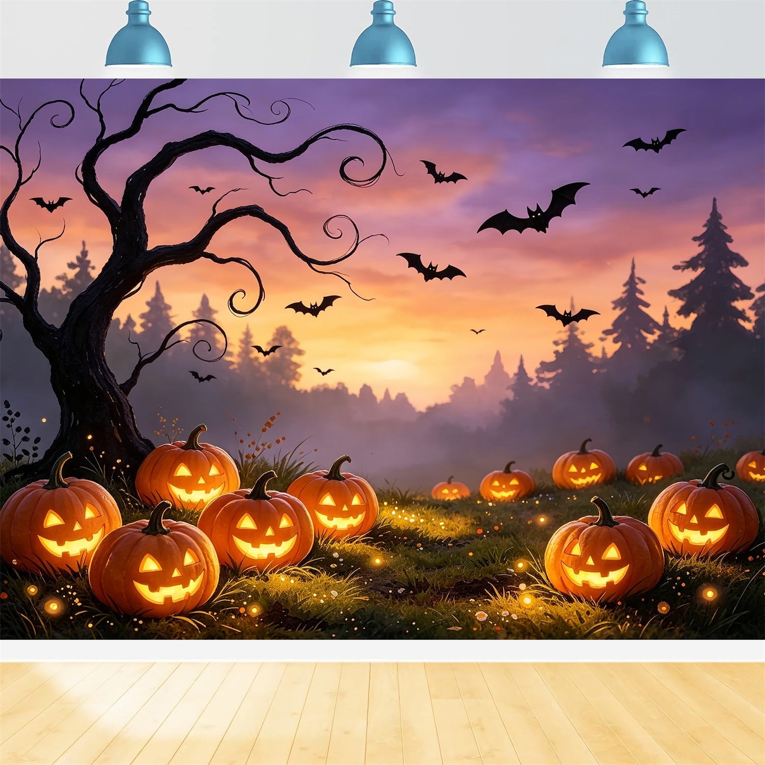 Spider Wall Backdrop Sunset Pumpkin Bat Meadow Great Pumpkin Backdrop UK ZTT67-57