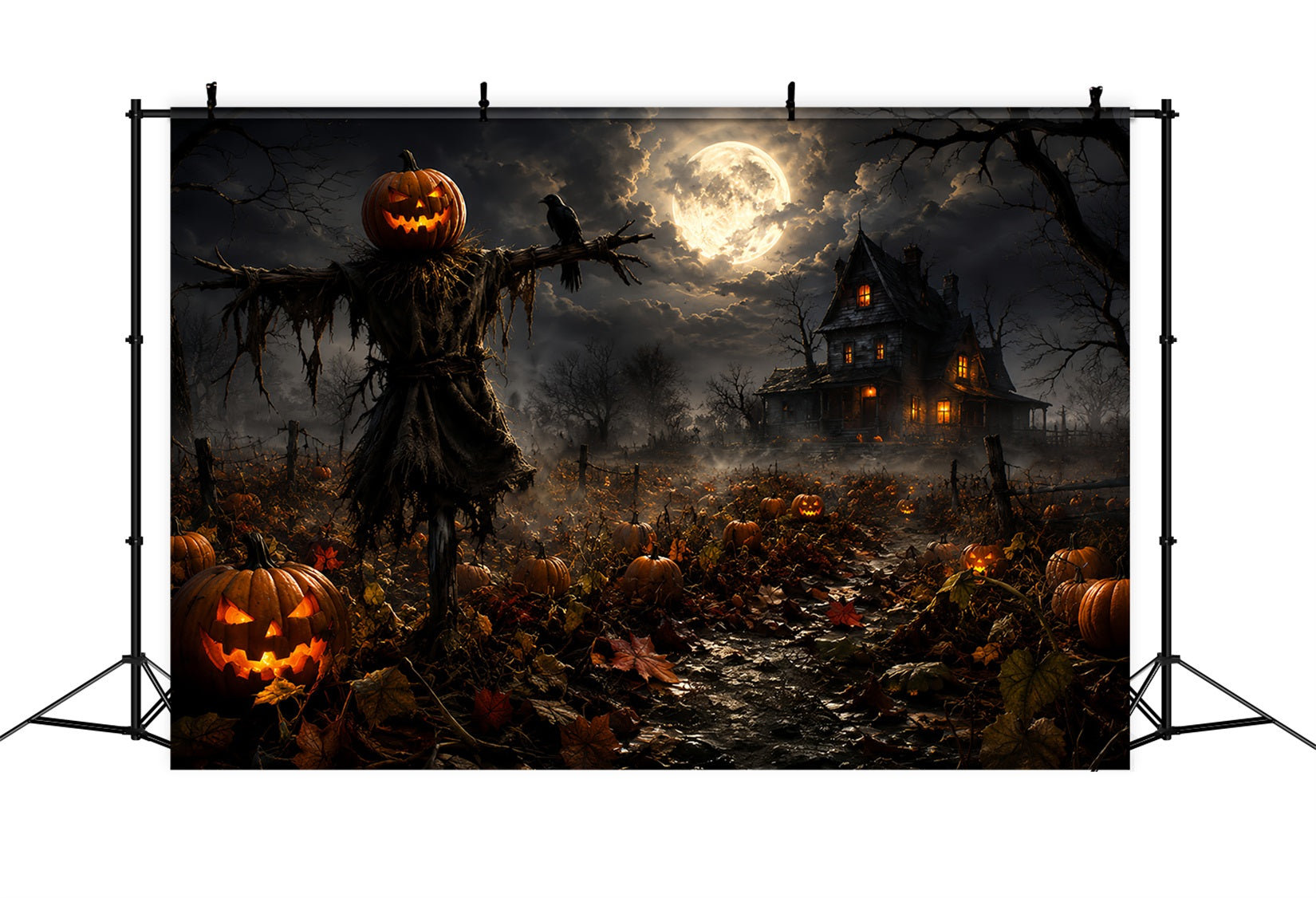 Pumpkin Patch Back Drop Moonlit Scarecrow Farmhouse Halloween Backdrop Ideas Diy UK ZTT67-58