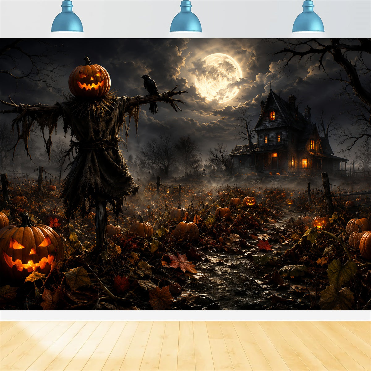Pumpkin Patch Back Drop Moonlit Scarecrow Farmhouse Halloween Backdrop Ideas Diy UK ZTT67-58
