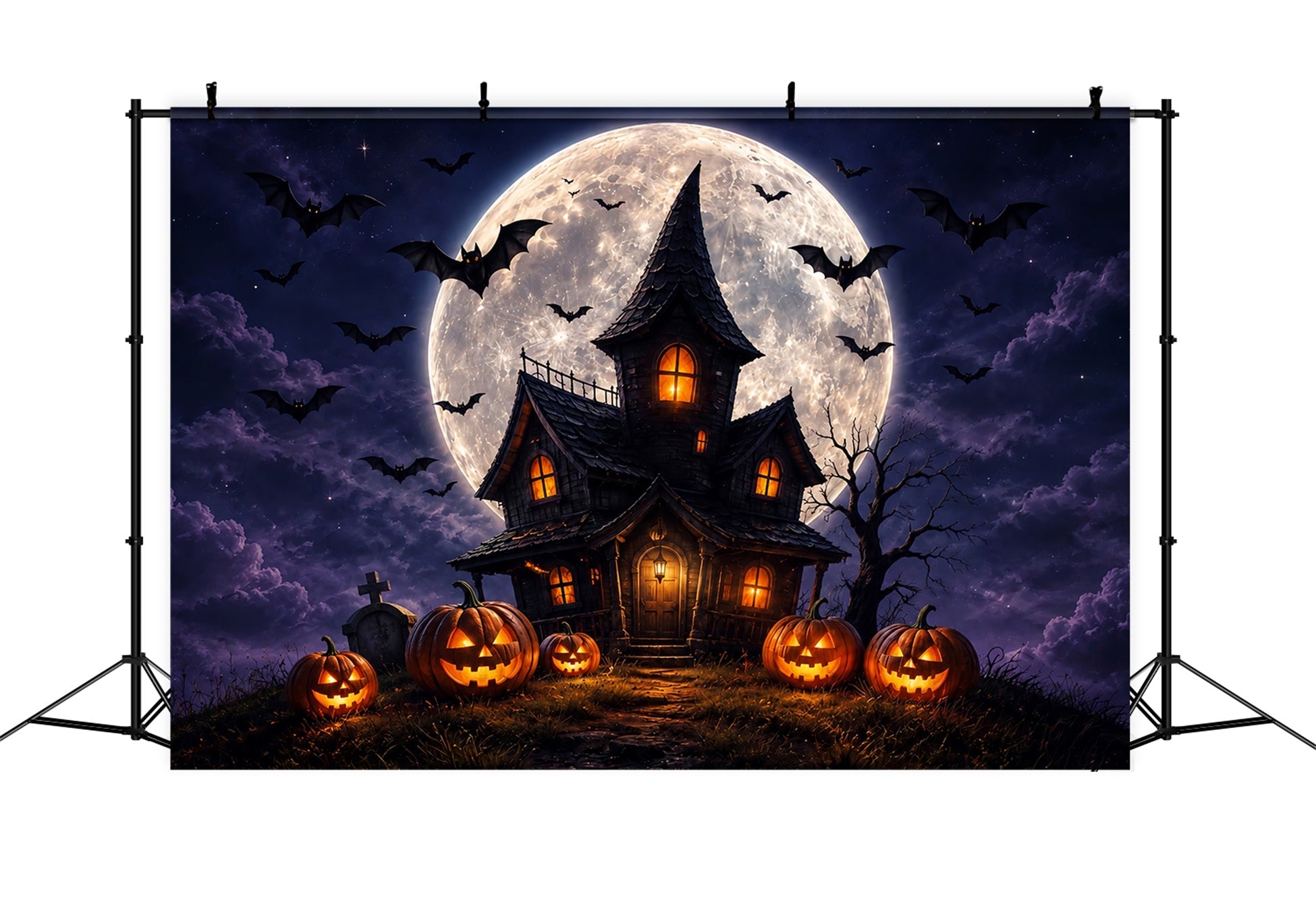 Witches Lair Backdrop Moonlit Pumpkin Haunted Cottage Halloween Scene Backdrop UK ZTT67-60