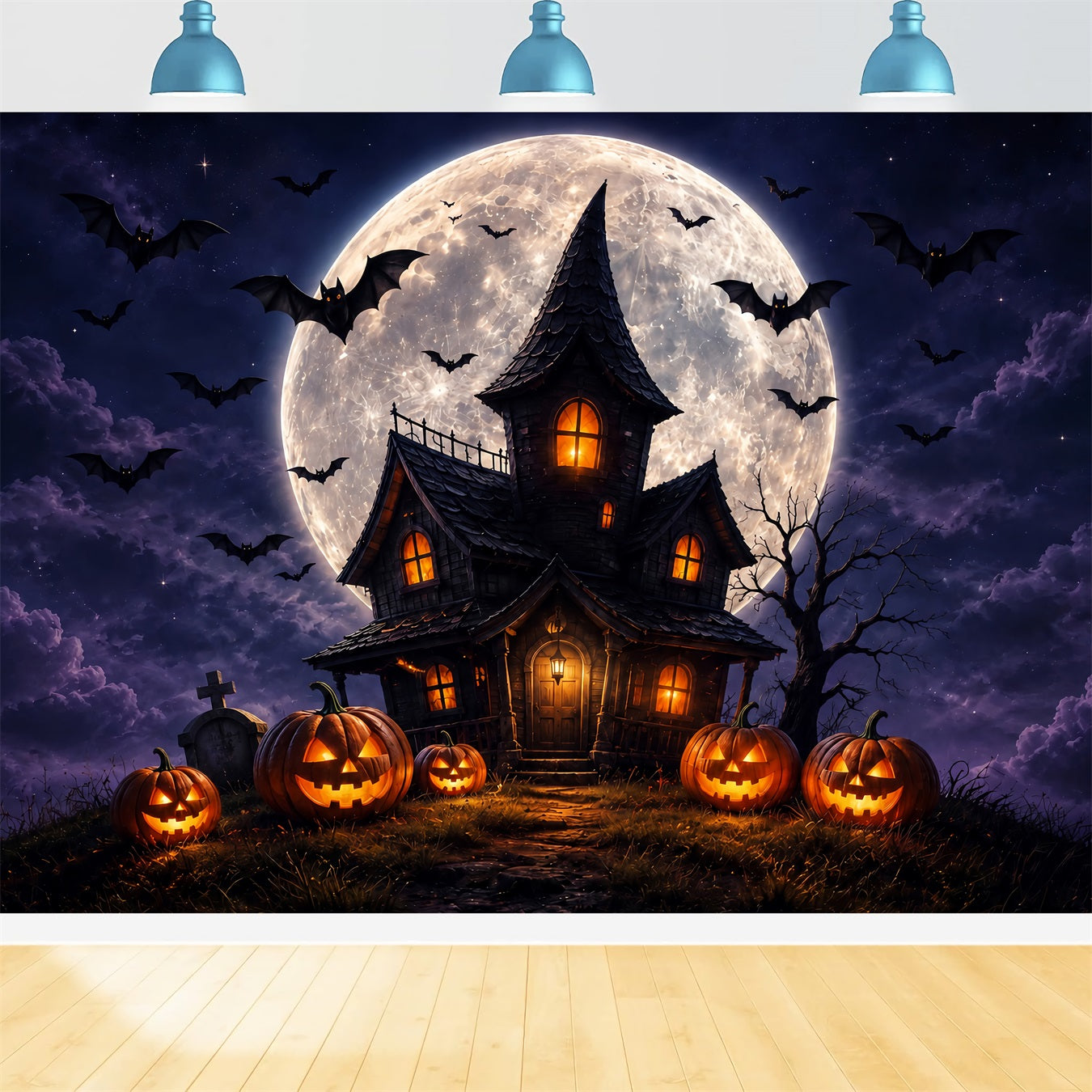 Witches Lair Backdrop Moonlit Pumpkin Haunted Cottage Halloween Scene Backdrop UK ZTT67-60
