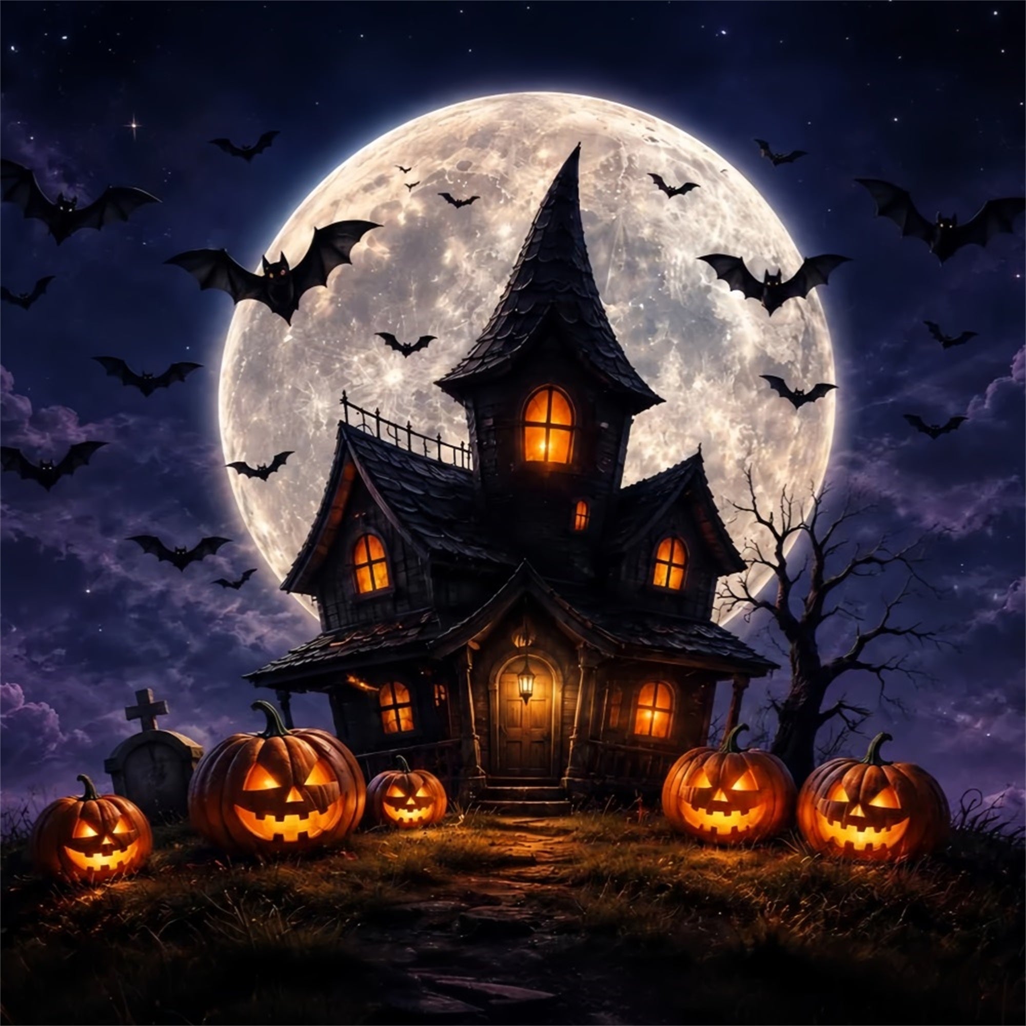 Witches Lair Backdrop Moonlit Pumpkin Haunted Cottage Halloween Scene Backdrop UK ZTT67-60
