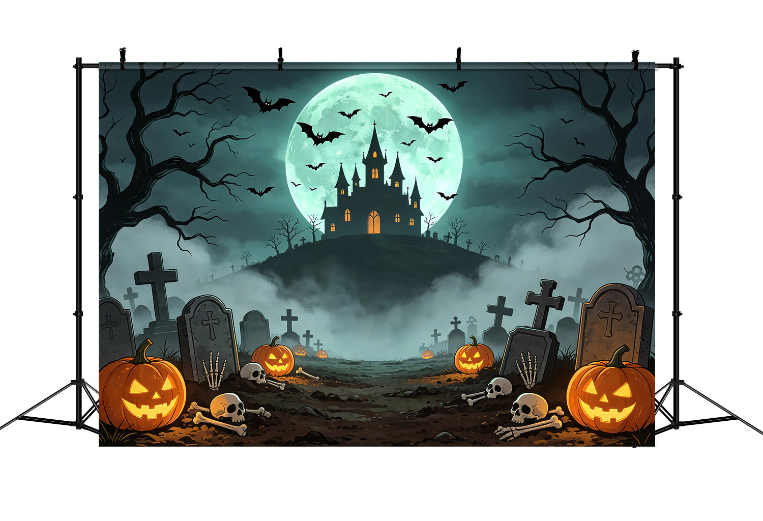 Vampire Backdrops Moonlit Castle Graveyard Path Scary Halloween Photo Backdrops UK ZTT67-61