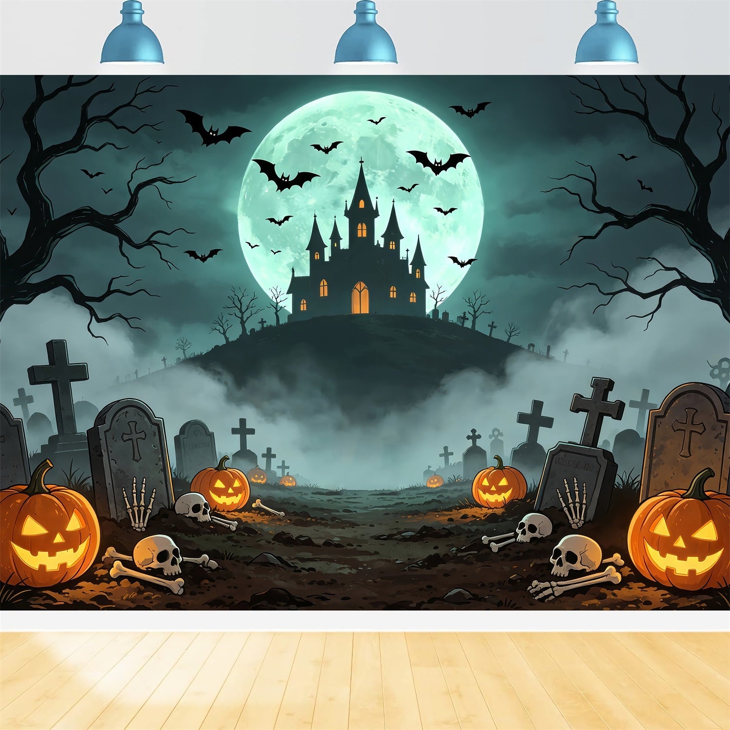 Vampire Backdrops Moonlit Castle Graveyard Path Scary Halloween Photo Backdrops UK ZTT67-61