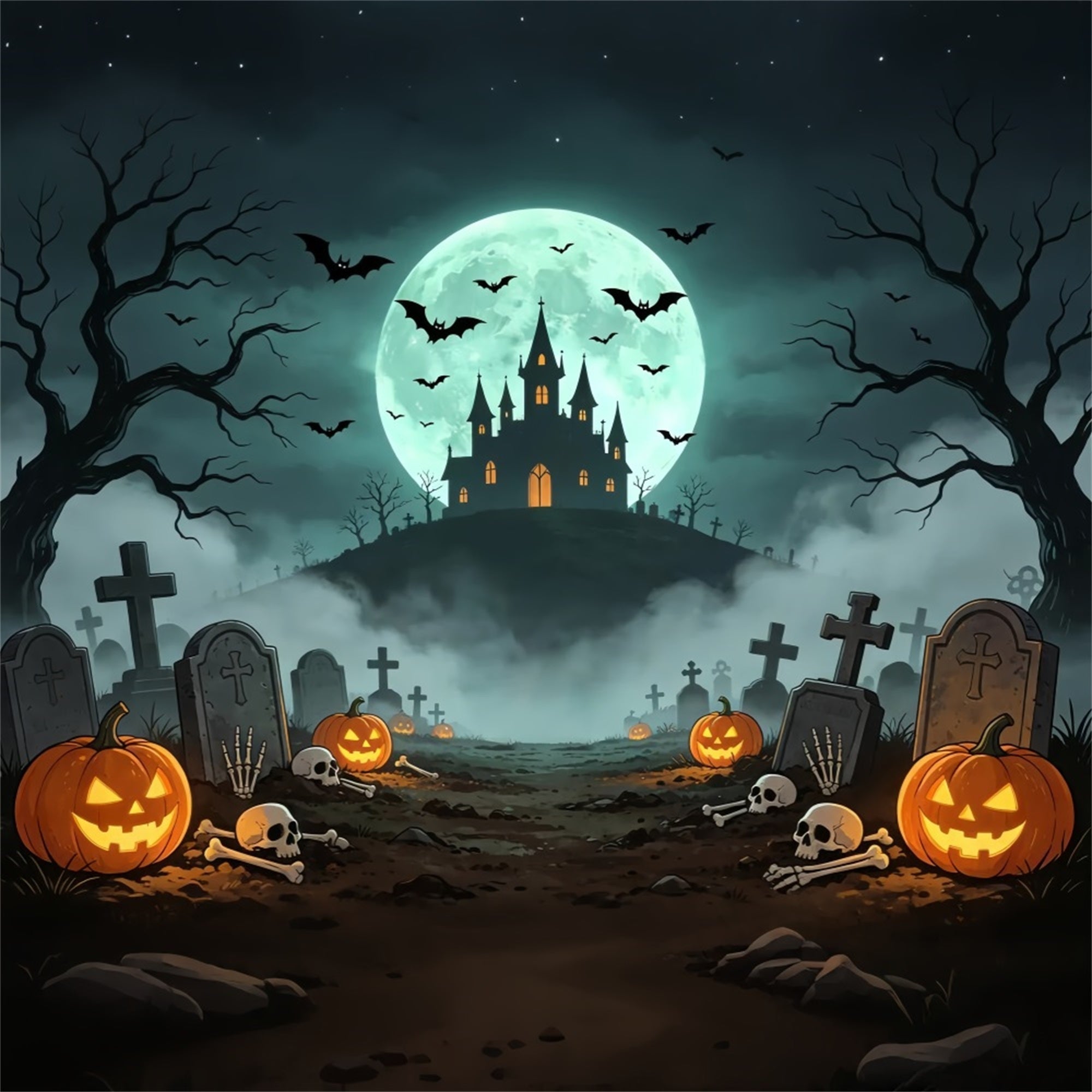 Vampire Backdrops Moonlit Castle Graveyard Path Scary Halloween Photo Backdrops UK ZTT67-61