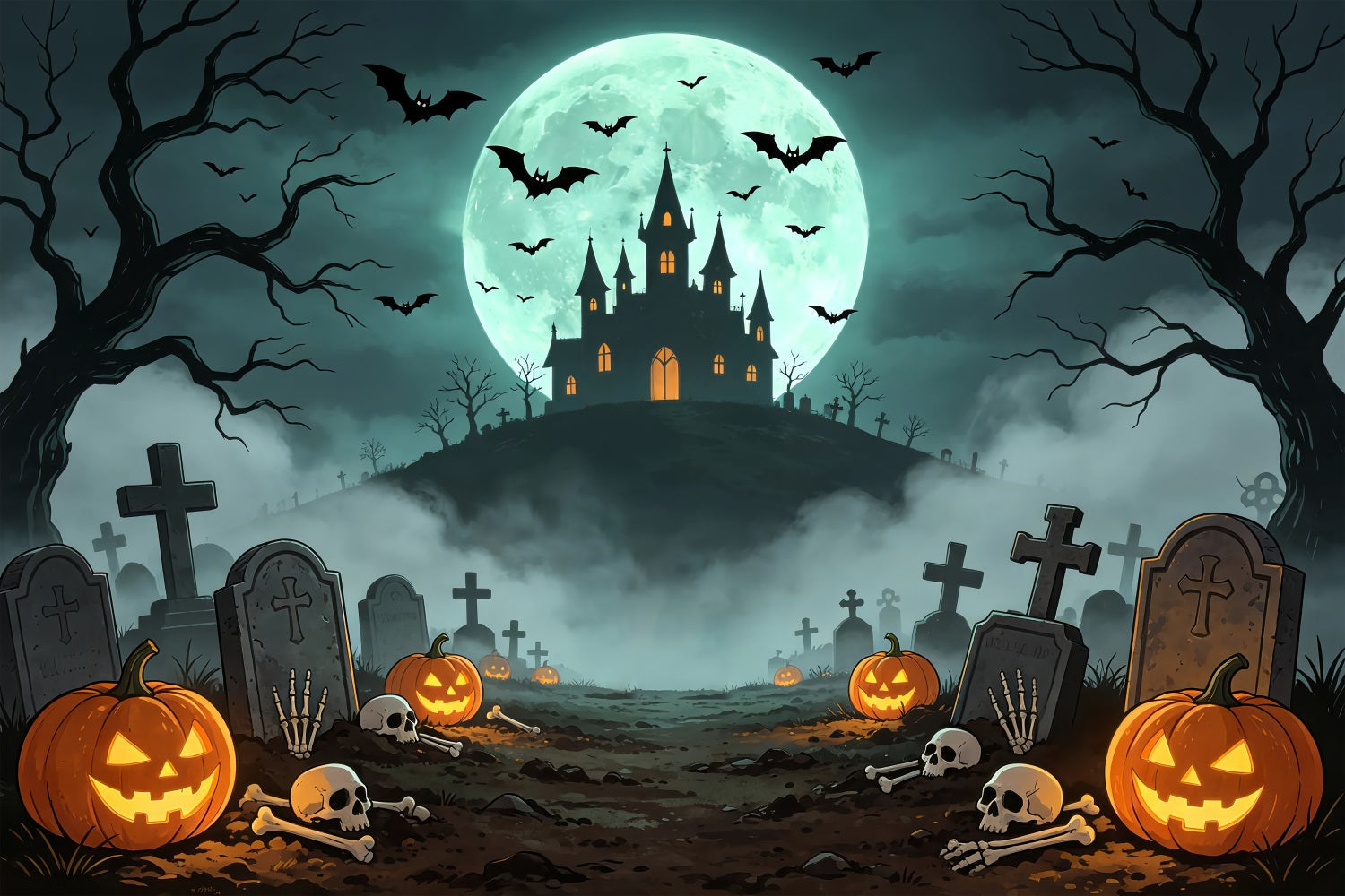 Vampire Backdrops Moonlit Castle Graveyard Path Scary Halloween Photo Backdrops UK ZTT67-61