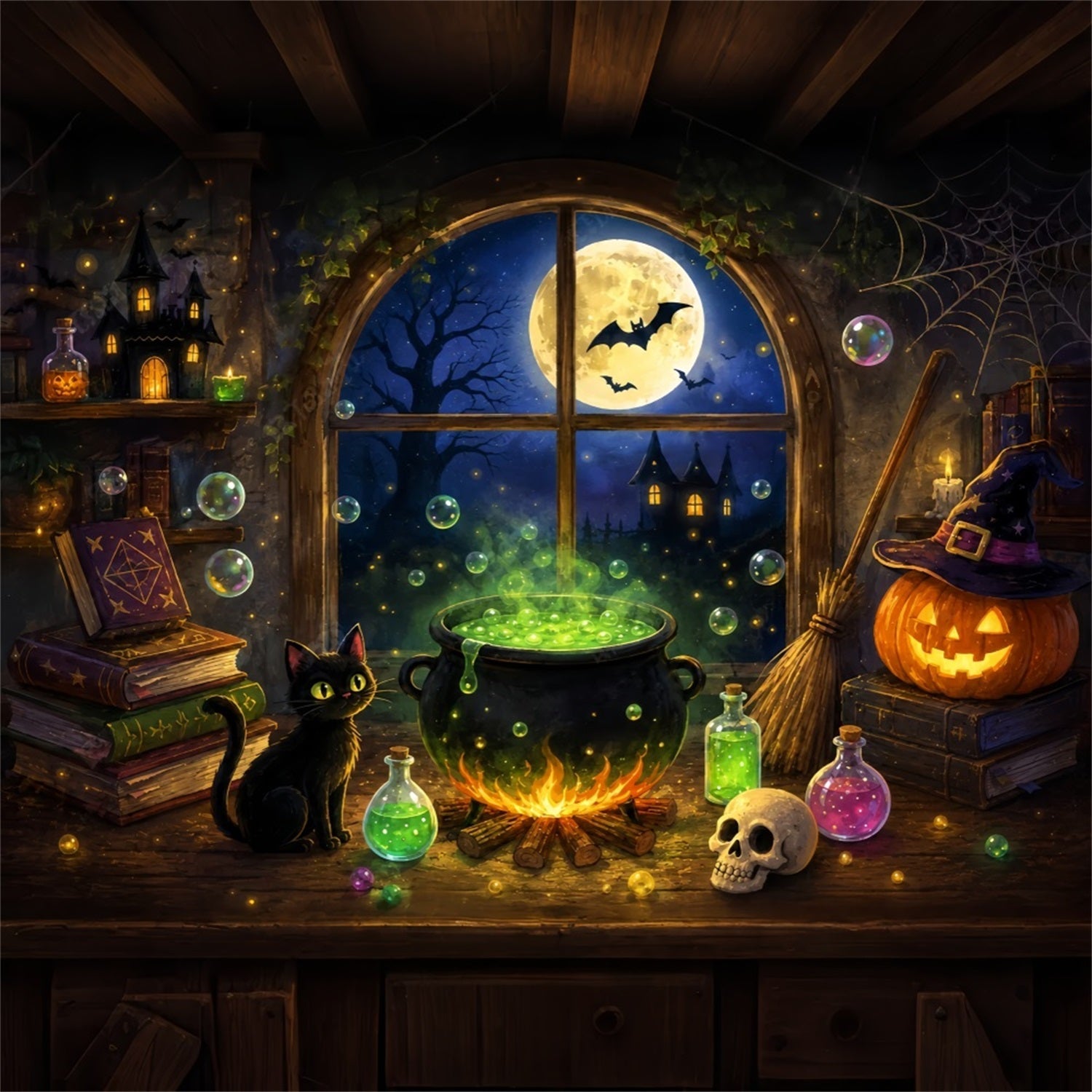 Witches Kitchen Backdrop Moonlit Witch Cauldron Cottage Simple Halloween Backdrop UK ZTT67-62