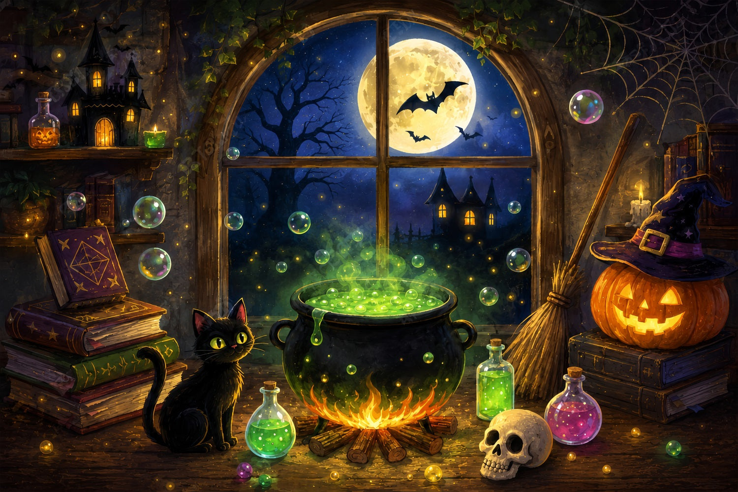 Witches Kitchen Backdrop Moonlit Witch Cauldron Cottage Simple Halloween Backdrop UK ZTT67-62