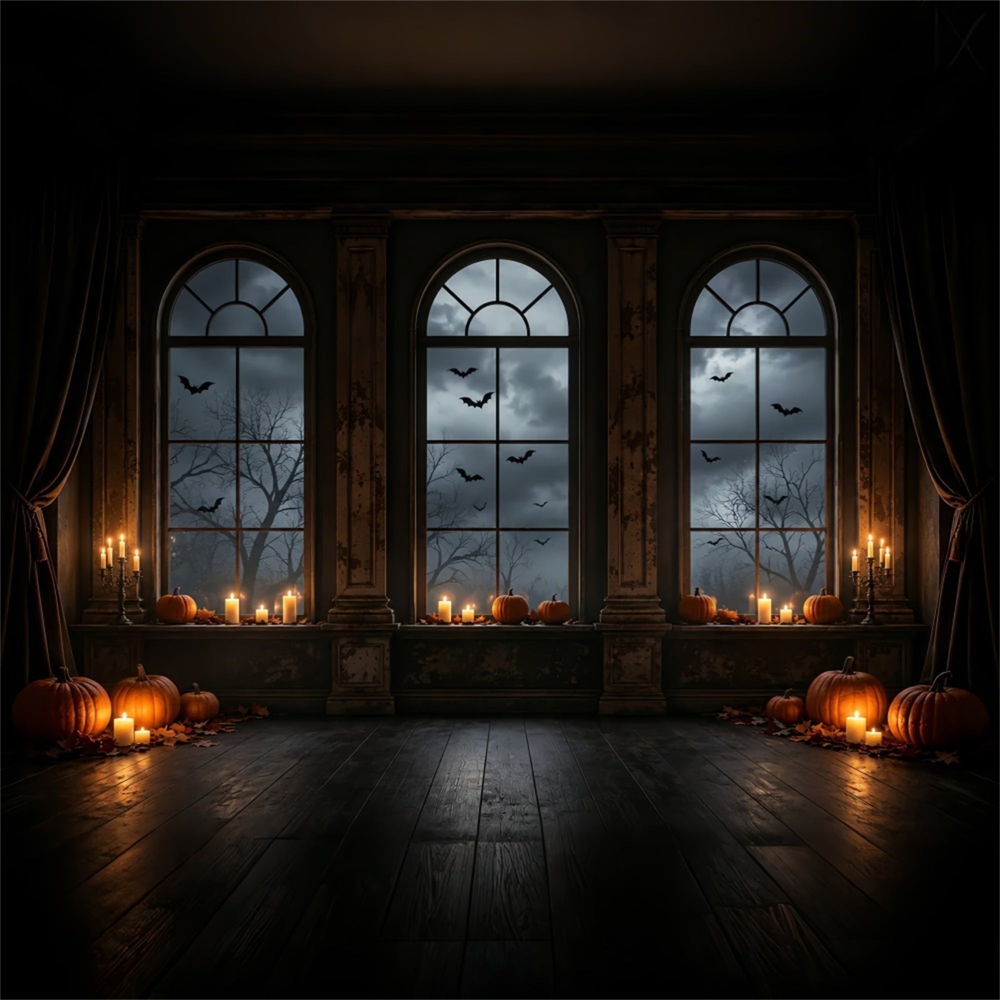 Batcave Backdrop Candlelit Pumpkin Arched Windows Halloween Backdrop Photos UK ZTT67-63