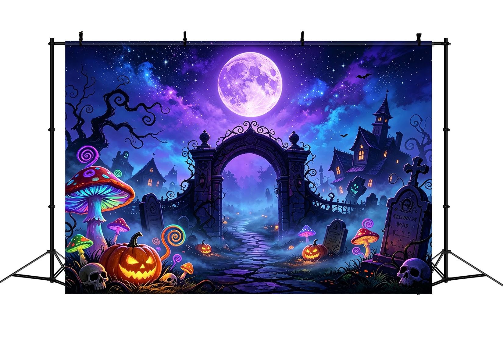 Bat Cave Backdrop Neon Moon Mushroom Graveyard Halloween Backdrop For Kids UK ZTT67-64